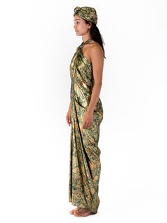1970S DONALD BROOKS Gold Lamé & Green Silk/Lurex Floral Gown With Turban