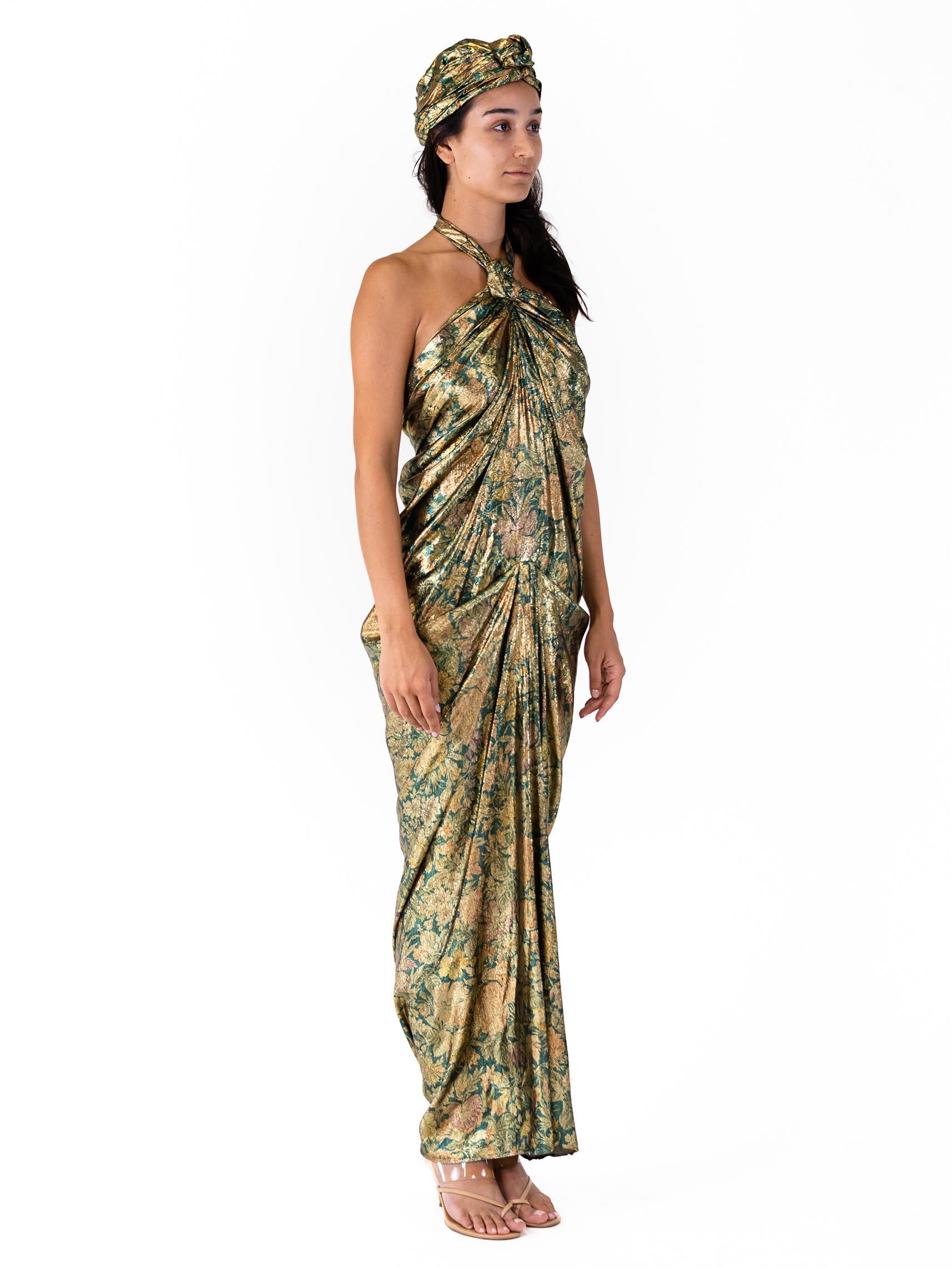 Women's 1970S DONALD BROOKS Gold Lamé & Green Silk/Lurex Floral Gown With Turban
