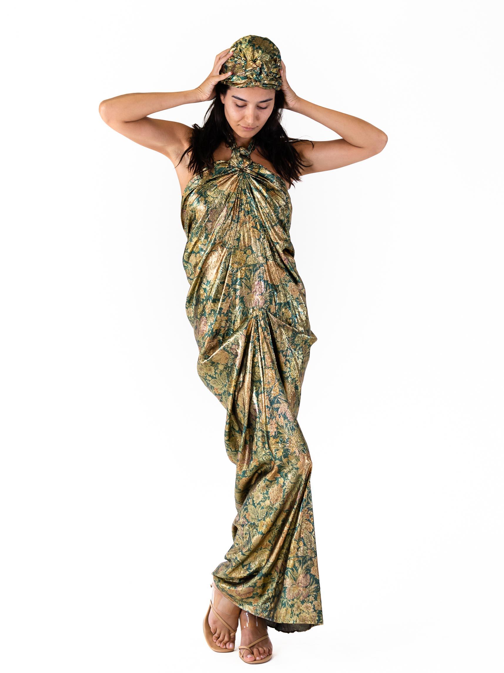 1970S DONALD BROOKS Gold Lamé & Green Silk/Lurex Floral Gown With Turban 1
