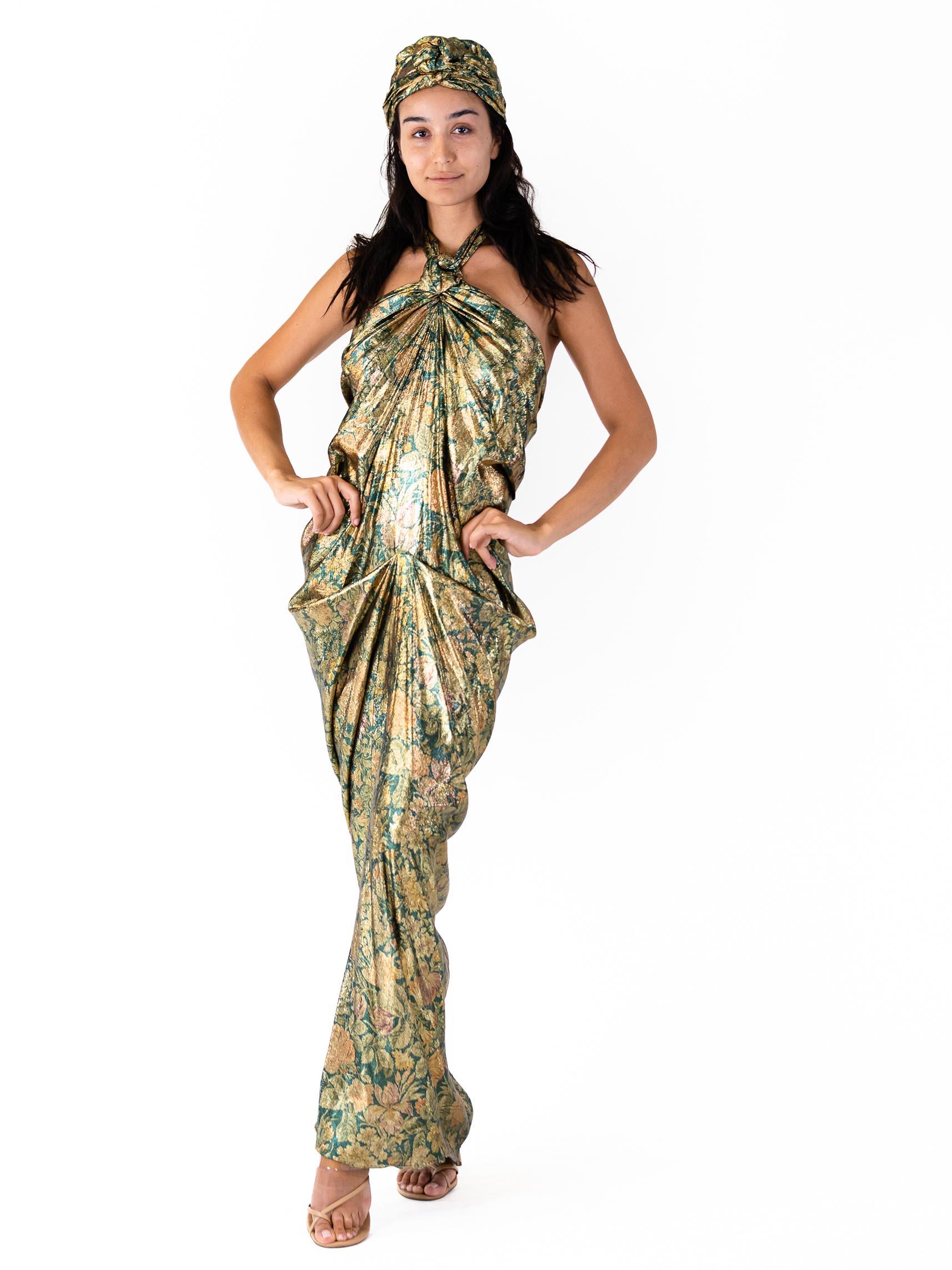 1970S DONALD BROOKS Gold Lamé & Green Silk/Lurex Floral Gown With Turban 2