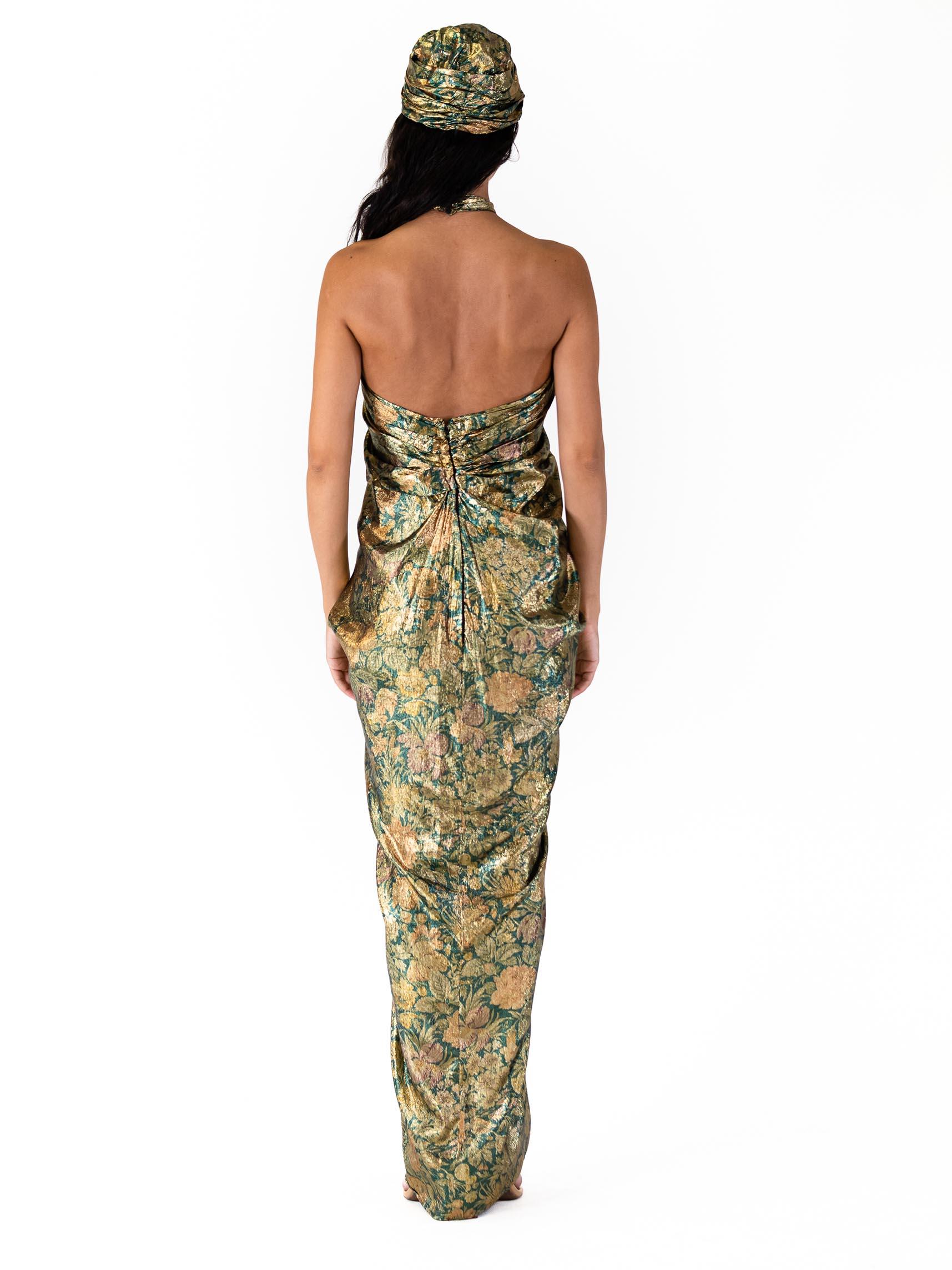 1970S DONALD BROOKS Gold Lamé & Green Silk/Lurex Floral Gown With Turban 4
