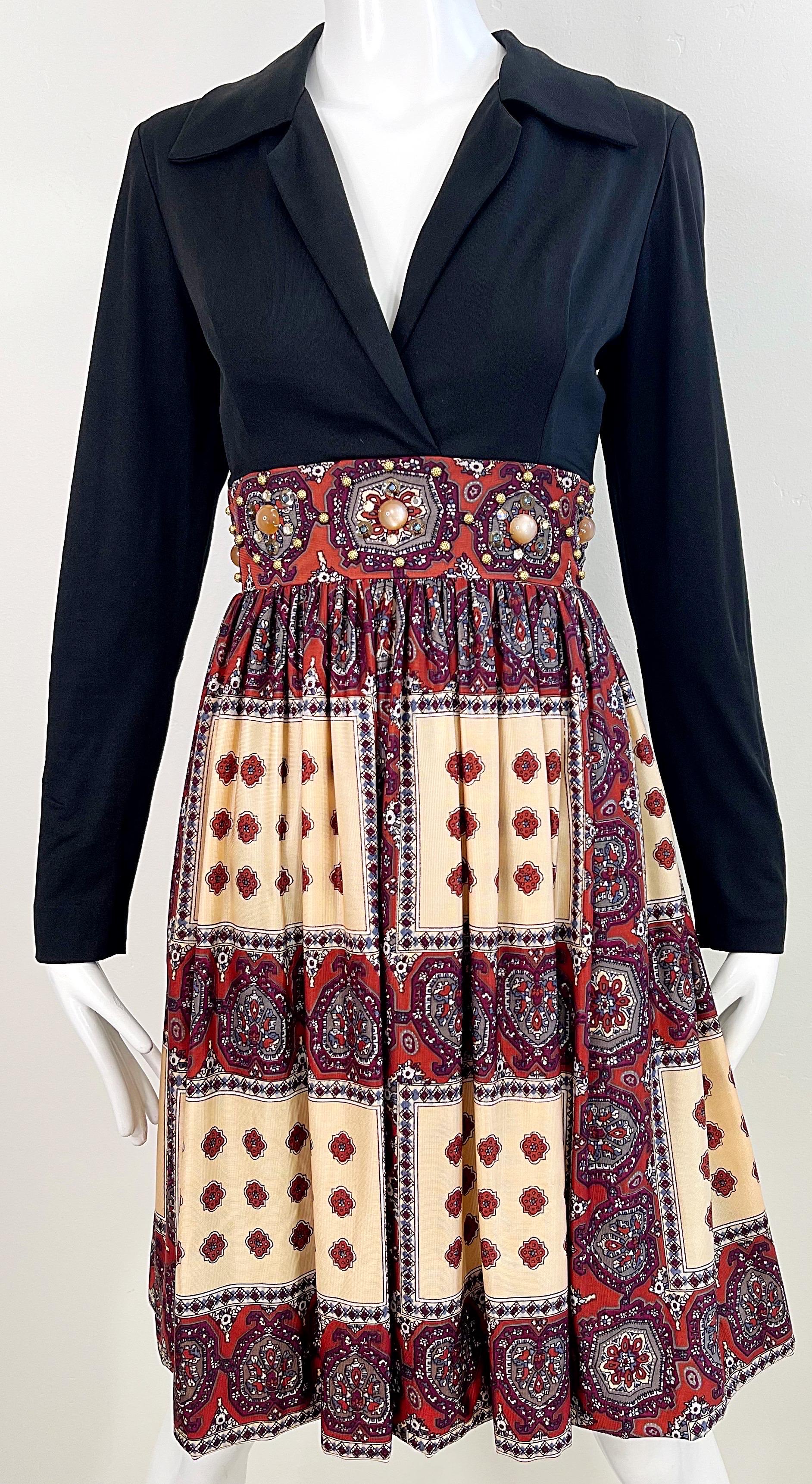 Women's 1970s Donald Brooks Jeweled Beaded Vintage 70s Jersey Long Sleeve Dress