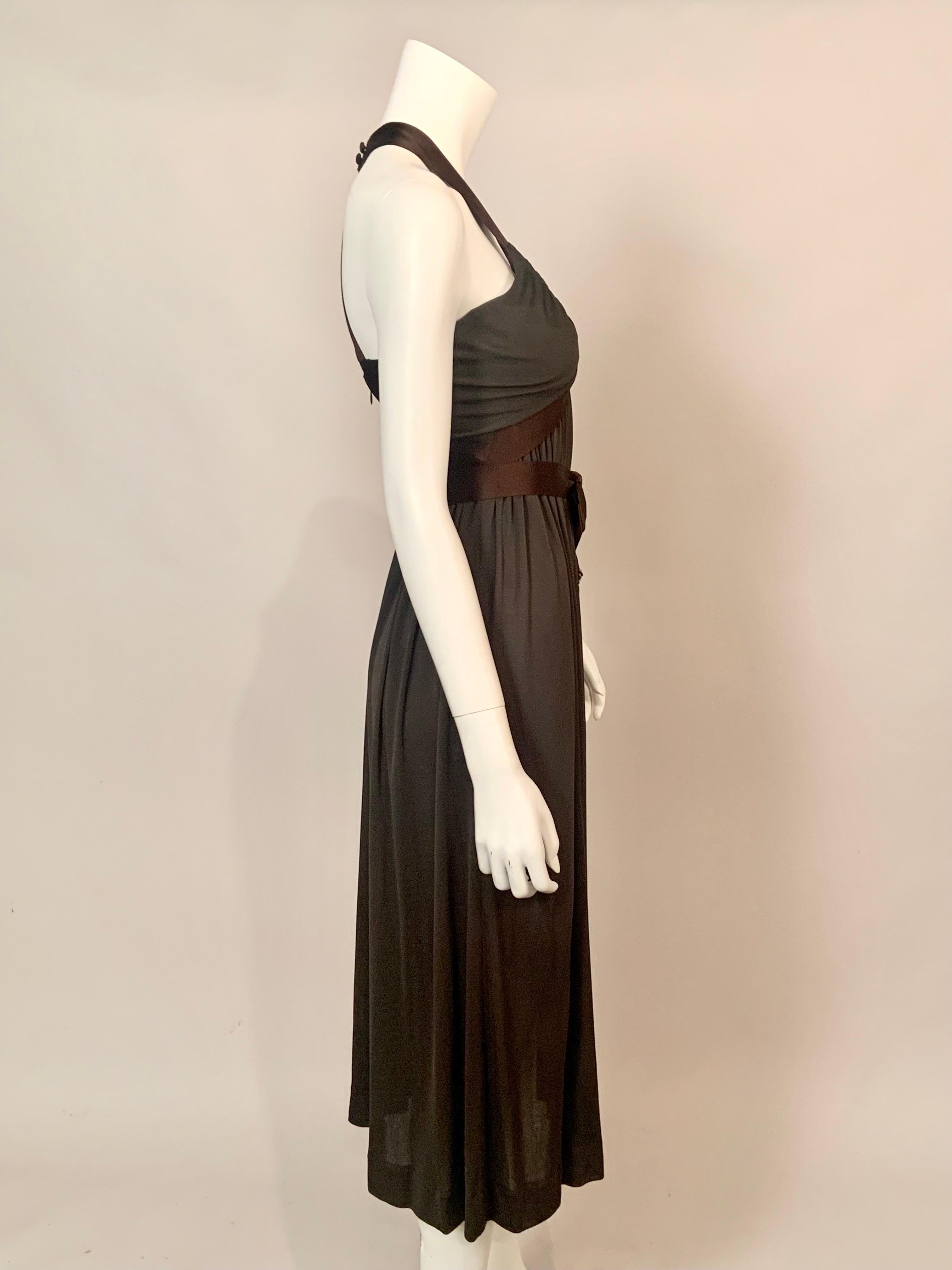 1970's Donald Brooks Low Chocolate Brown Jersey Dress with Satin Halter and Sash For Sale 5