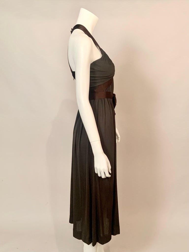 1970's Donald Brooks Low Cut Dark Brown Jersey Dress with Satin Halter and Sash For Sale 5