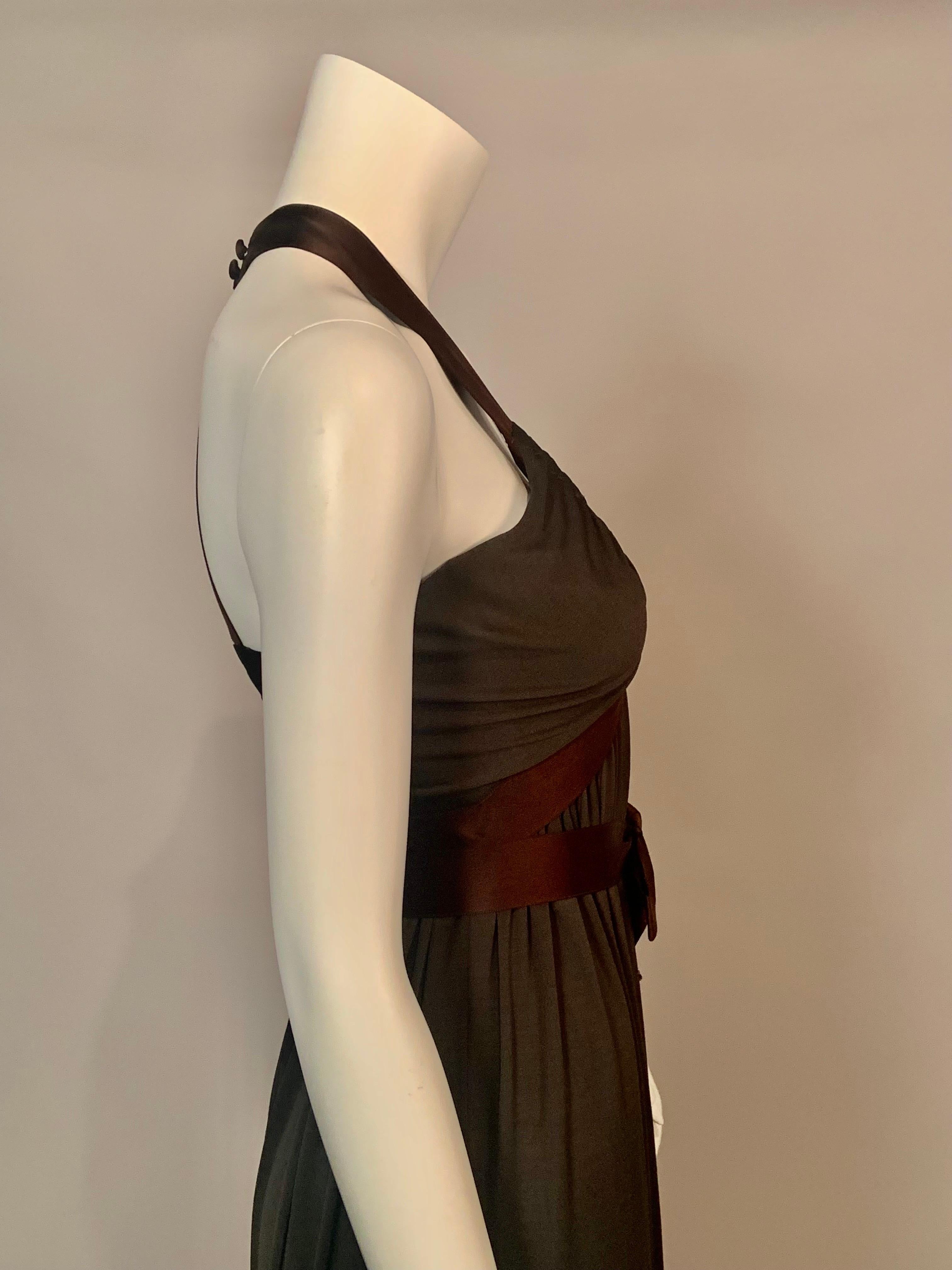 1970's Donald Brooks Low Chocolate Brown Jersey Dress with Satin Halter and Sash For Sale 6
