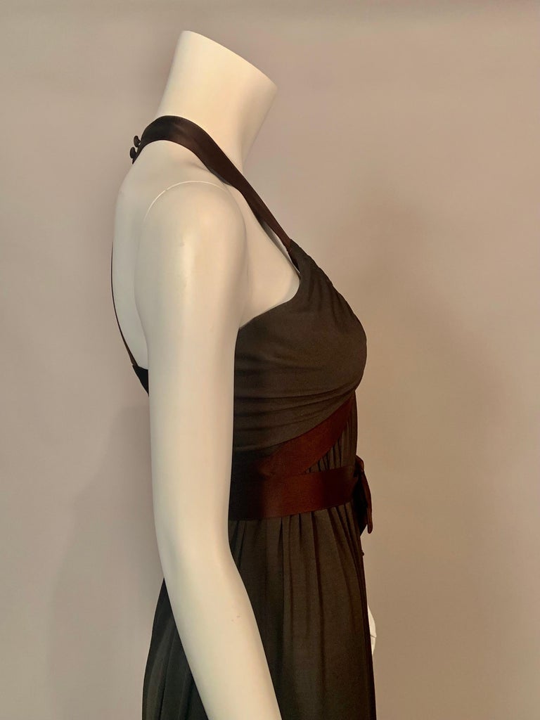 1970's Donald Brooks Low Cut Dark Brown Jersey Dress with Satin Halter and Sash For Sale 6
