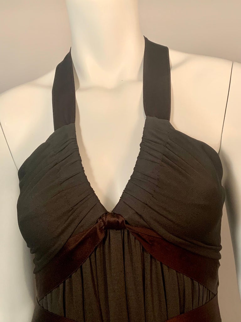 Black 1970's Donald Brooks Low Cut Dark Brown Jersey Dress with Satin Halter and Sash For Sale