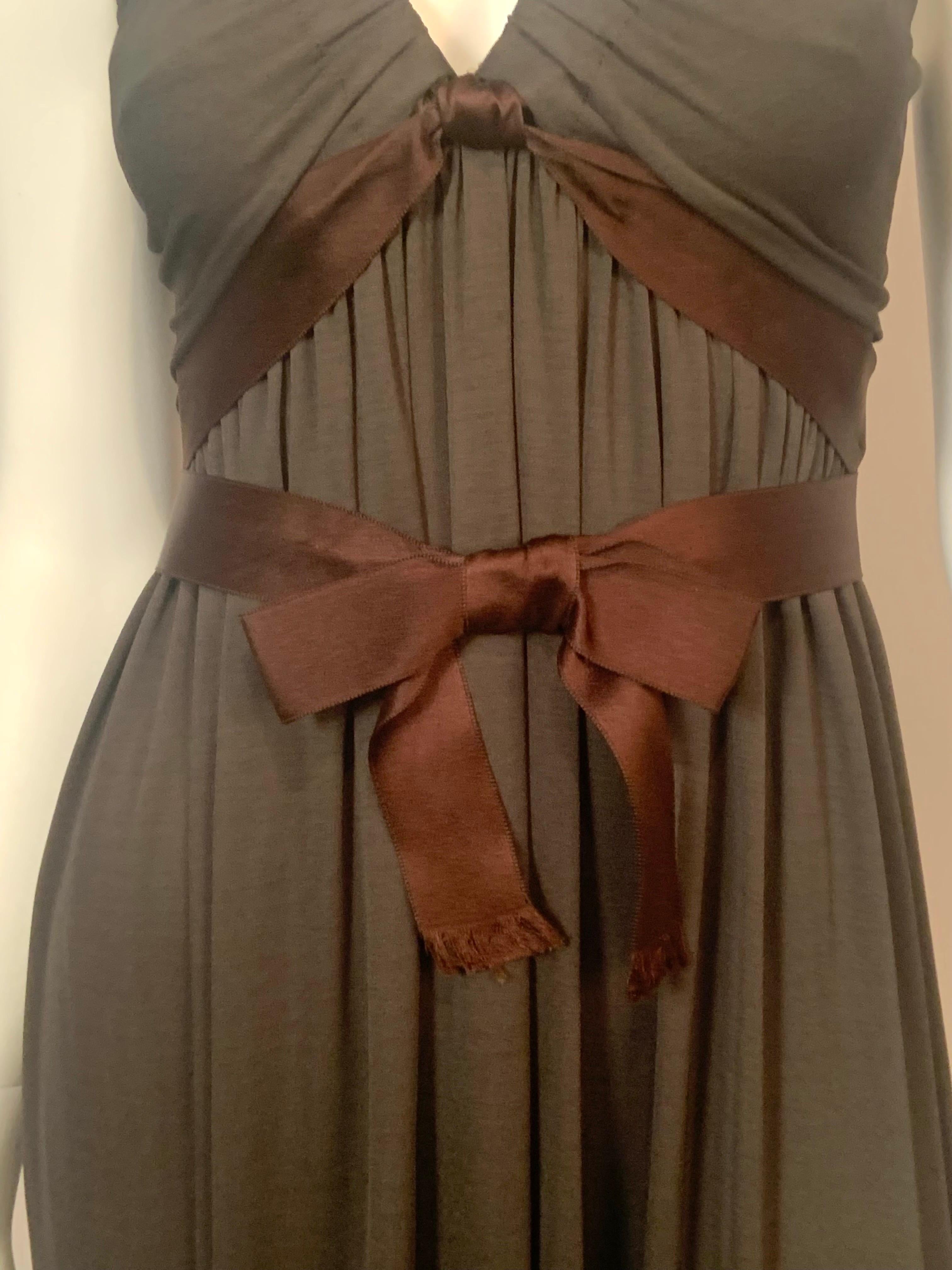 1970's Donald Brooks Low Chocolate Brown Jersey Dress with Satin Halter and Sash In Excellent Condition For Sale In New Hope, PA