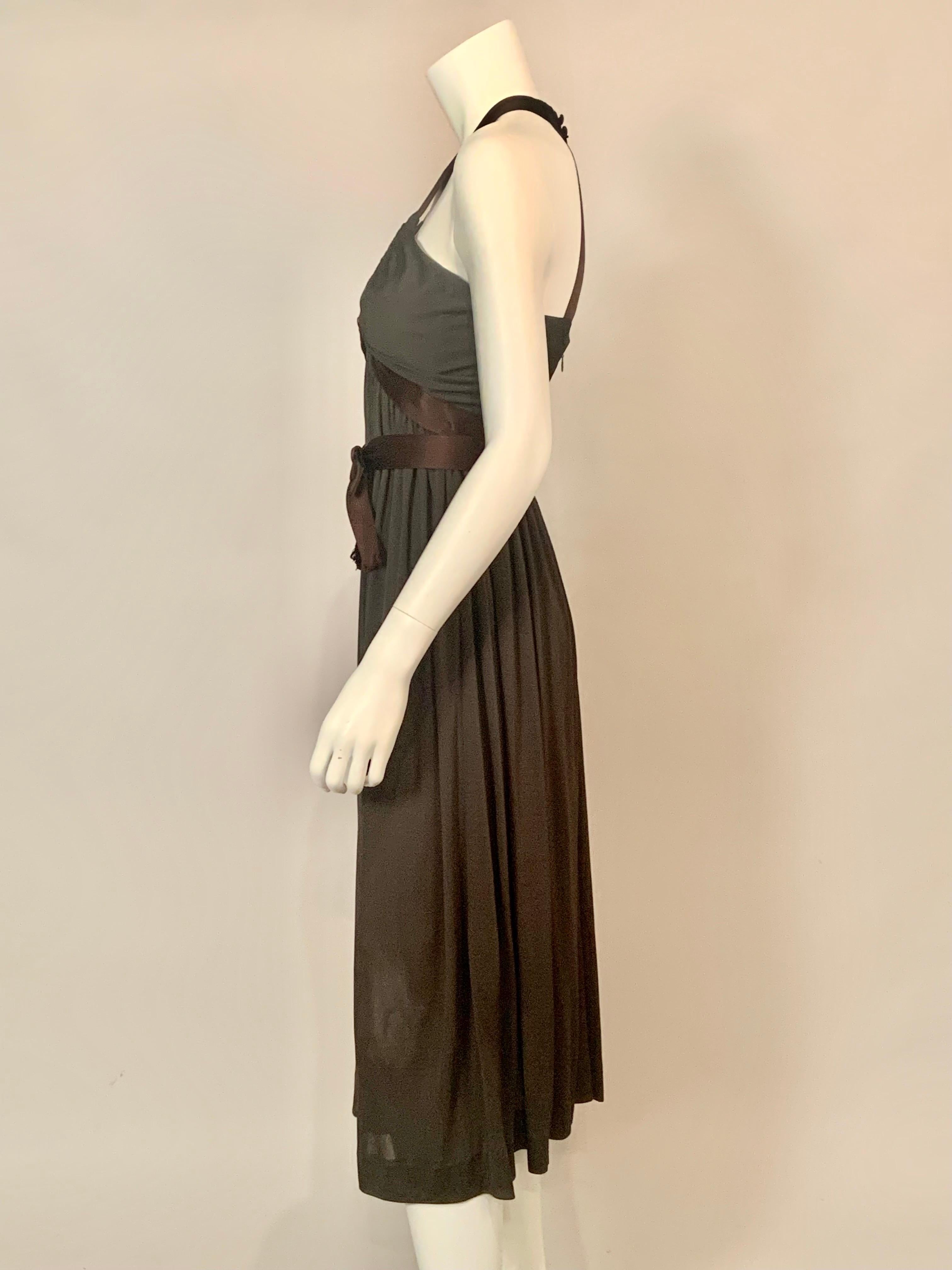Women's 1970's Donald Brooks Low Chocolate Brown Jersey Dress with Satin Halter and Sash For Sale