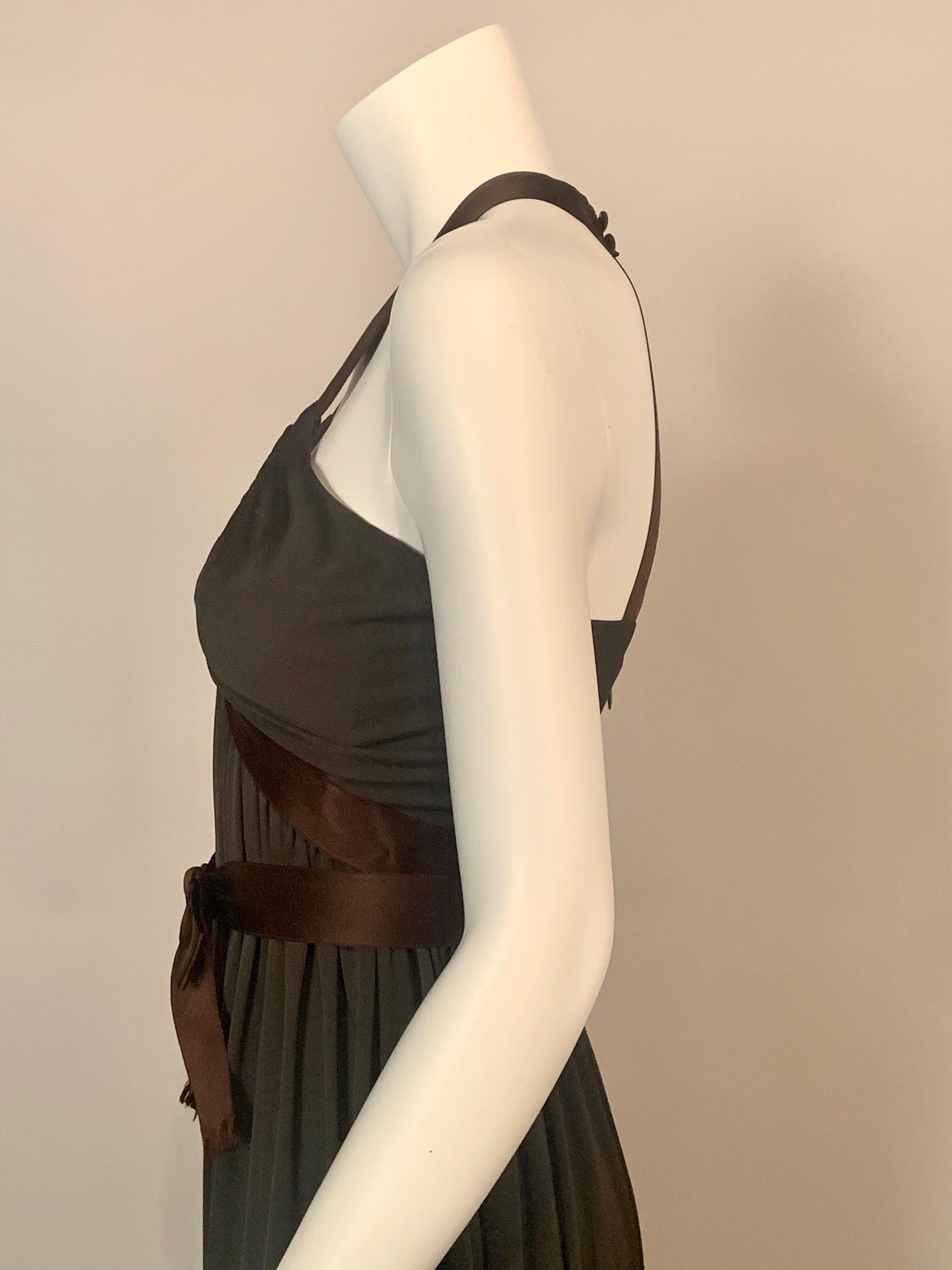 1970's Donald Brooks Low Chocolate Brown Jersey Dress with Satin Halter and Sash For Sale 1