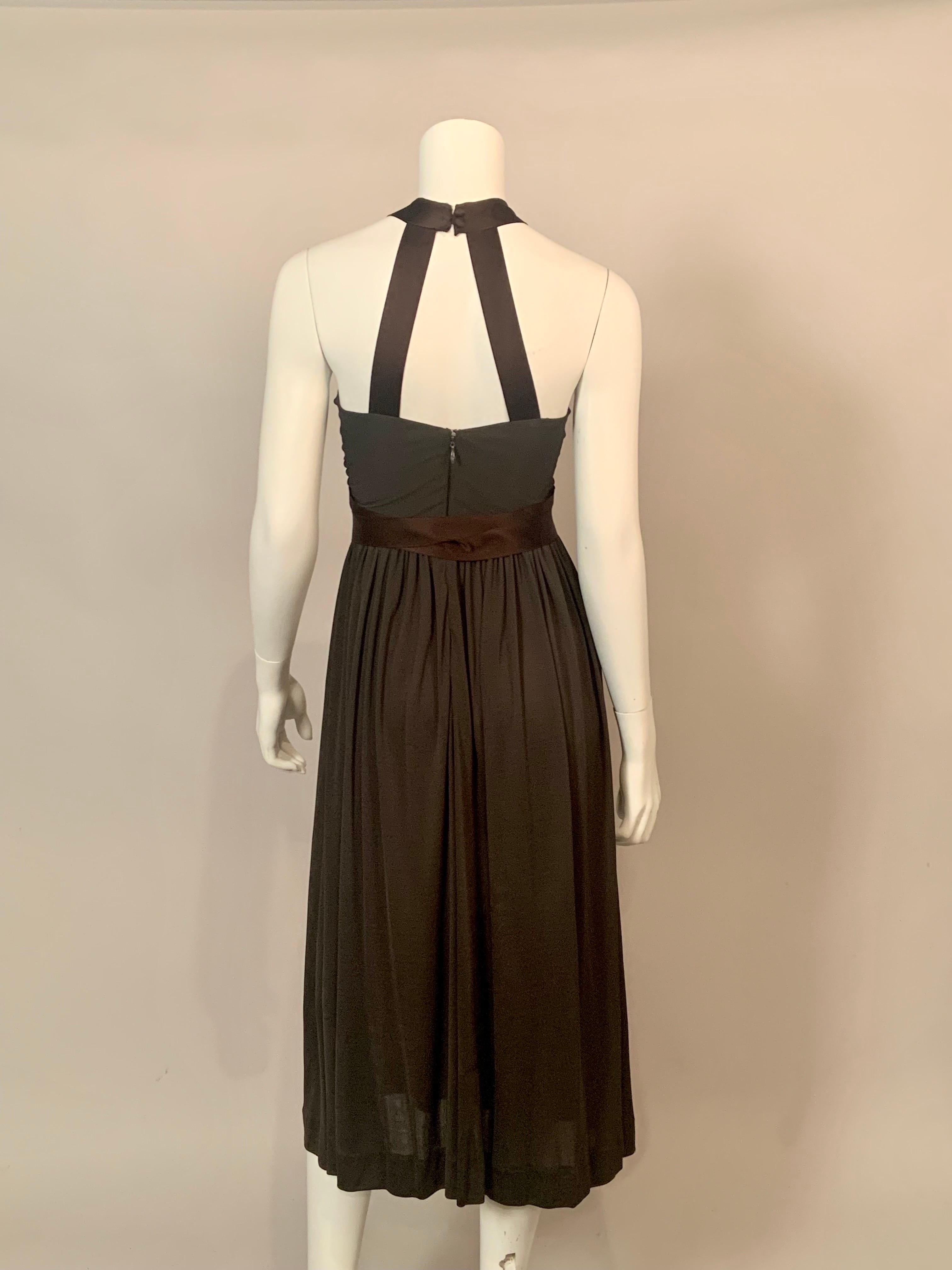 1970's Donald Brooks Low Chocolate Brown Jersey Dress with Satin Halter and Sash For Sale 2