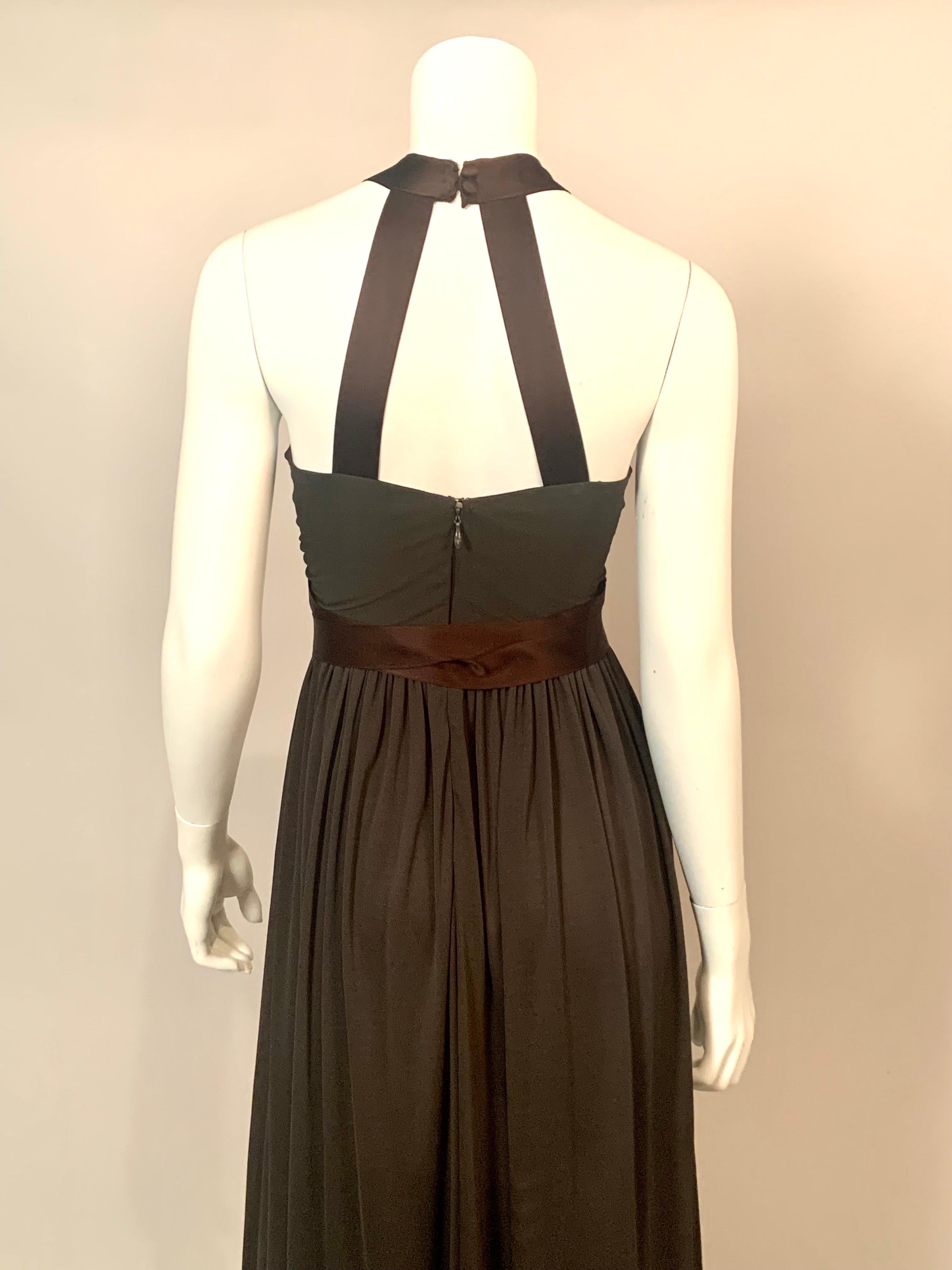 1970's Donald Brooks Low Chocolate Brown Jersey Dress with Satin Halter and Sash For Sale 3