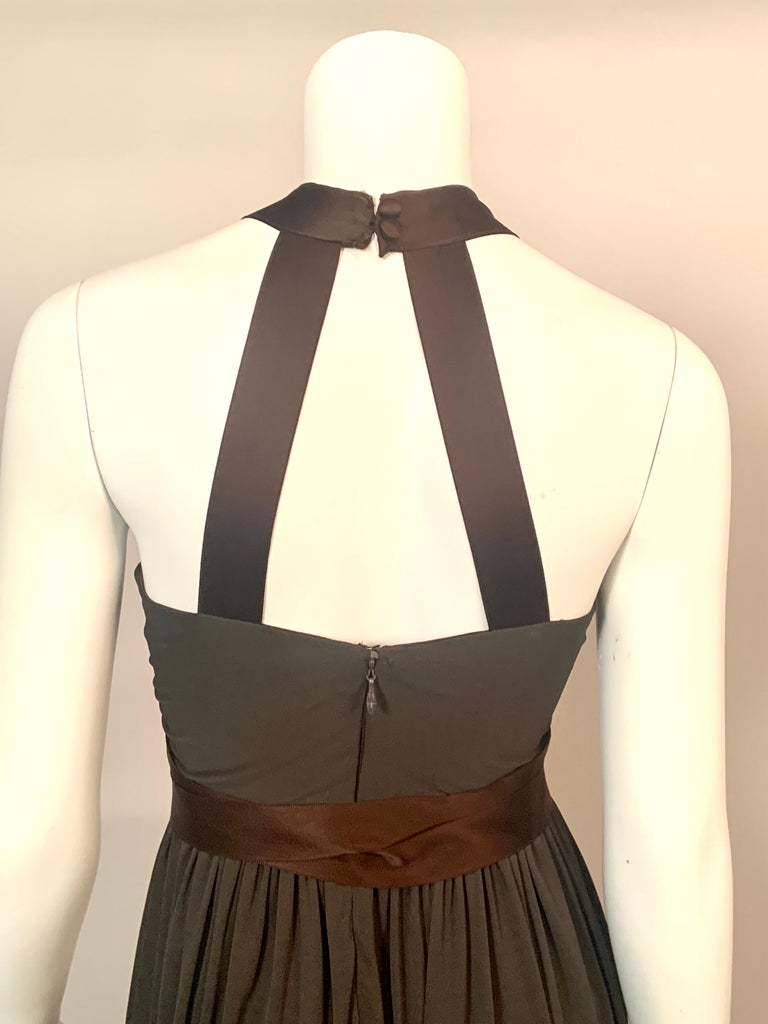 1970's Donald Brooks Low Cut Dark Brown Jersey Dress with Satin Halter and Sash For Sale 4