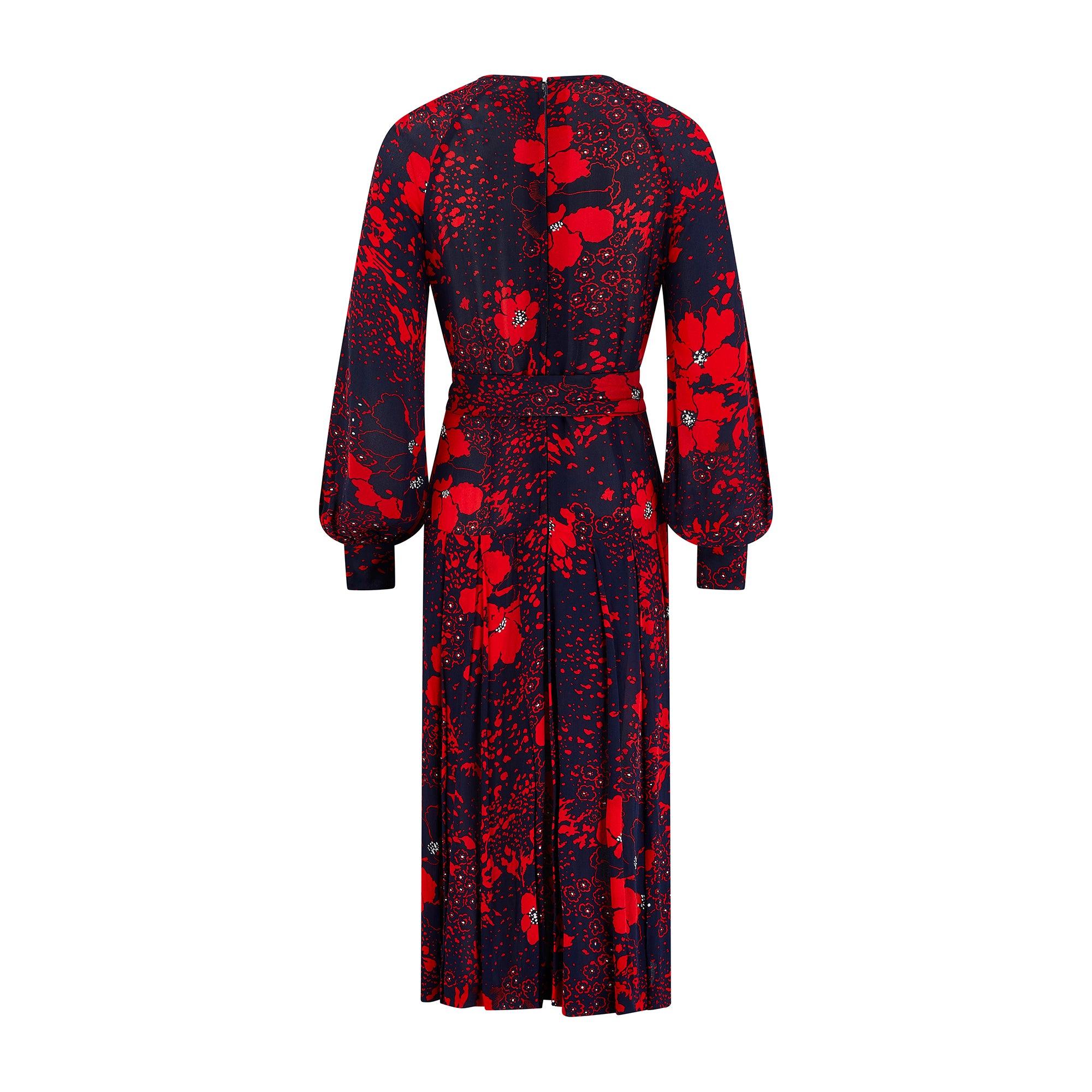 Black 1970s Donald Campbell Navy and Red Floral Silk Dress with Scarf For Sale
