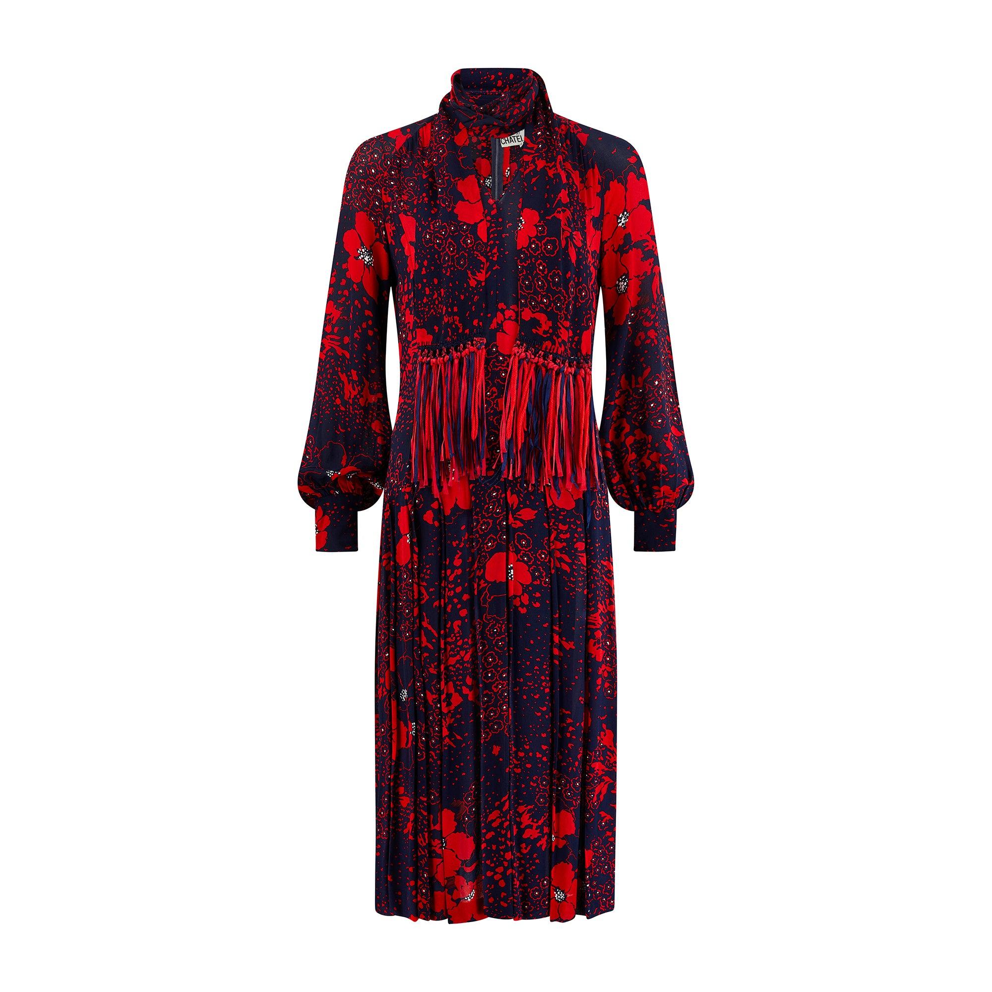 1970s Donald Campbell Navy and Red Floral Silk Dress with Scarf In Excellent Condition For Sale In London, GB