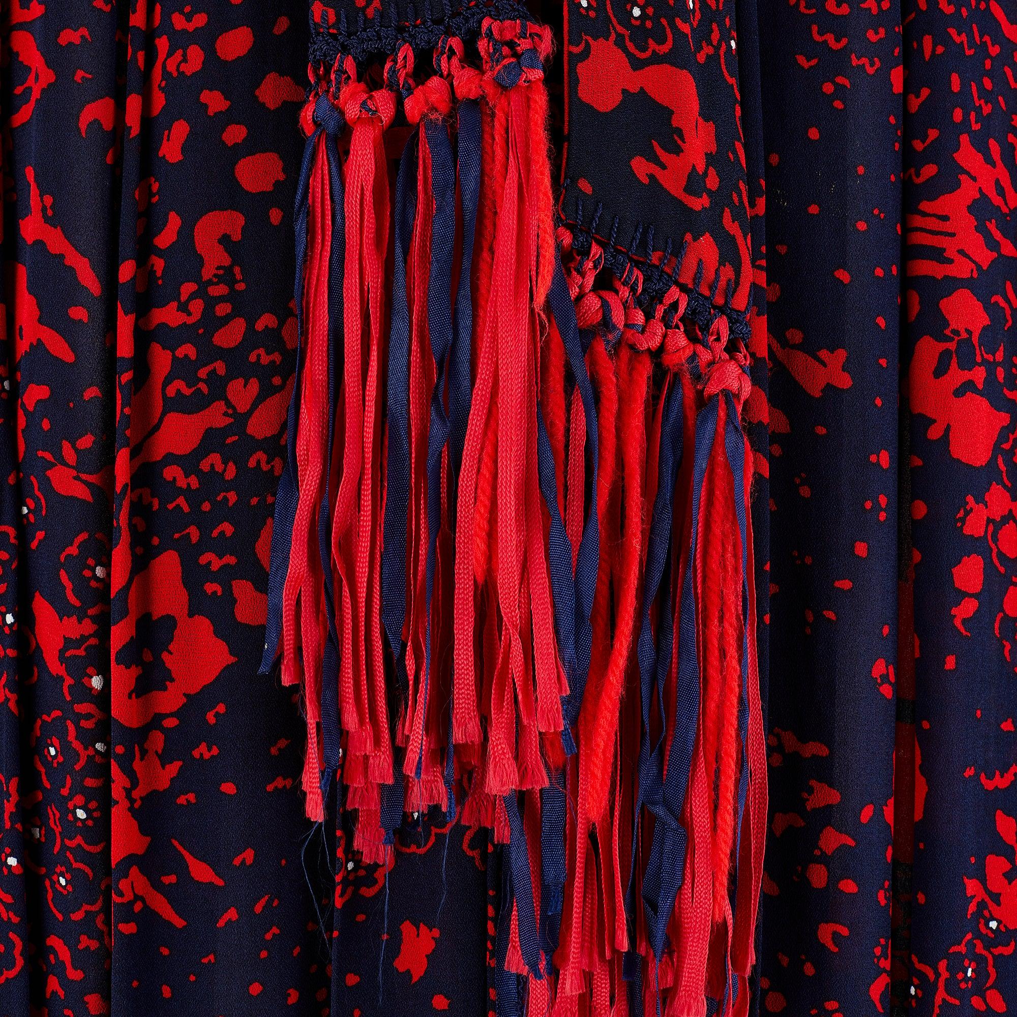 Women's 1970s Donald Campbell Navy and Red Floral Silk Dress with Scarf For Sale