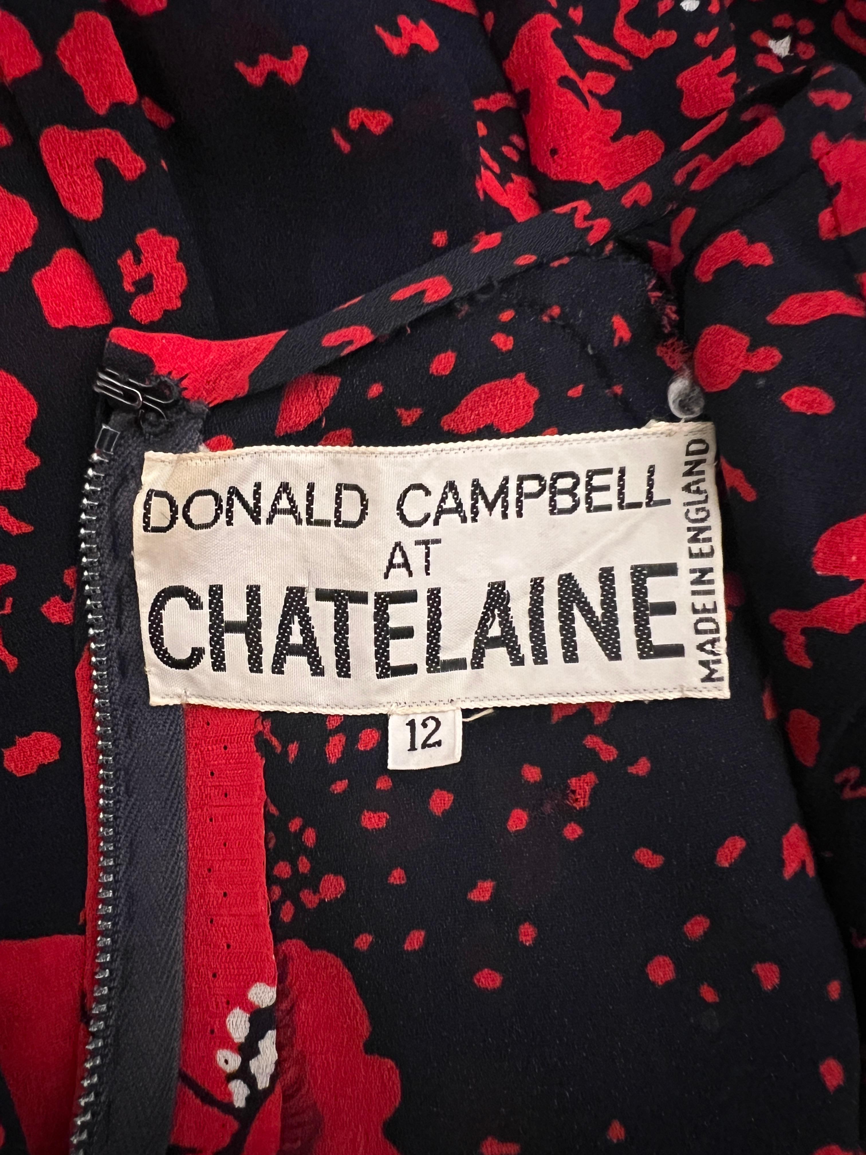 1970s Donald Campbell Navy and Red Floral Silk Dress with Scarf For Sale 1