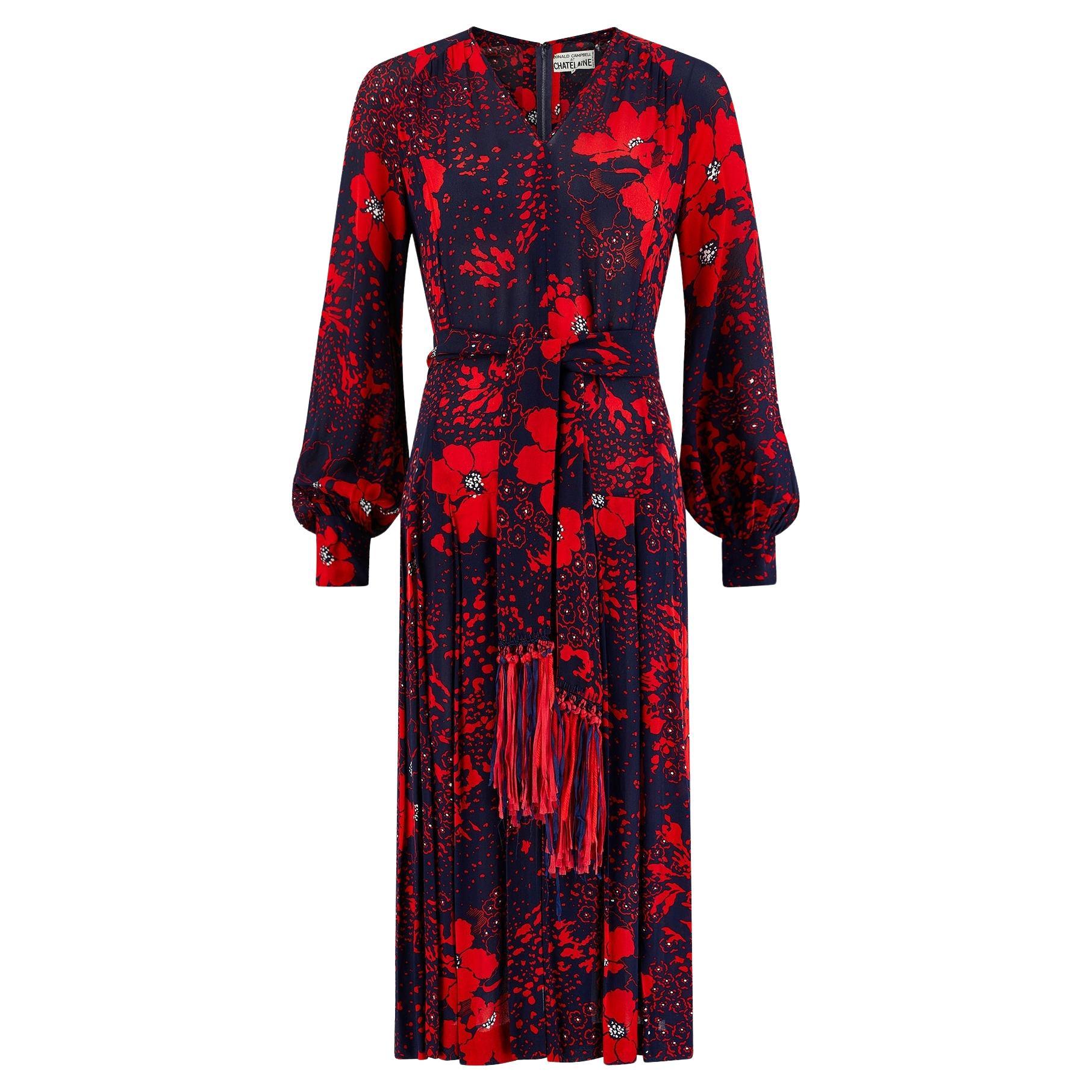 1970s Donald Campbell Navy and Red Floral Silk Dress with Scarf For Sale