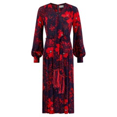 1970s Donald Campbell Navy and Red Floral Silk Dress with Scarf