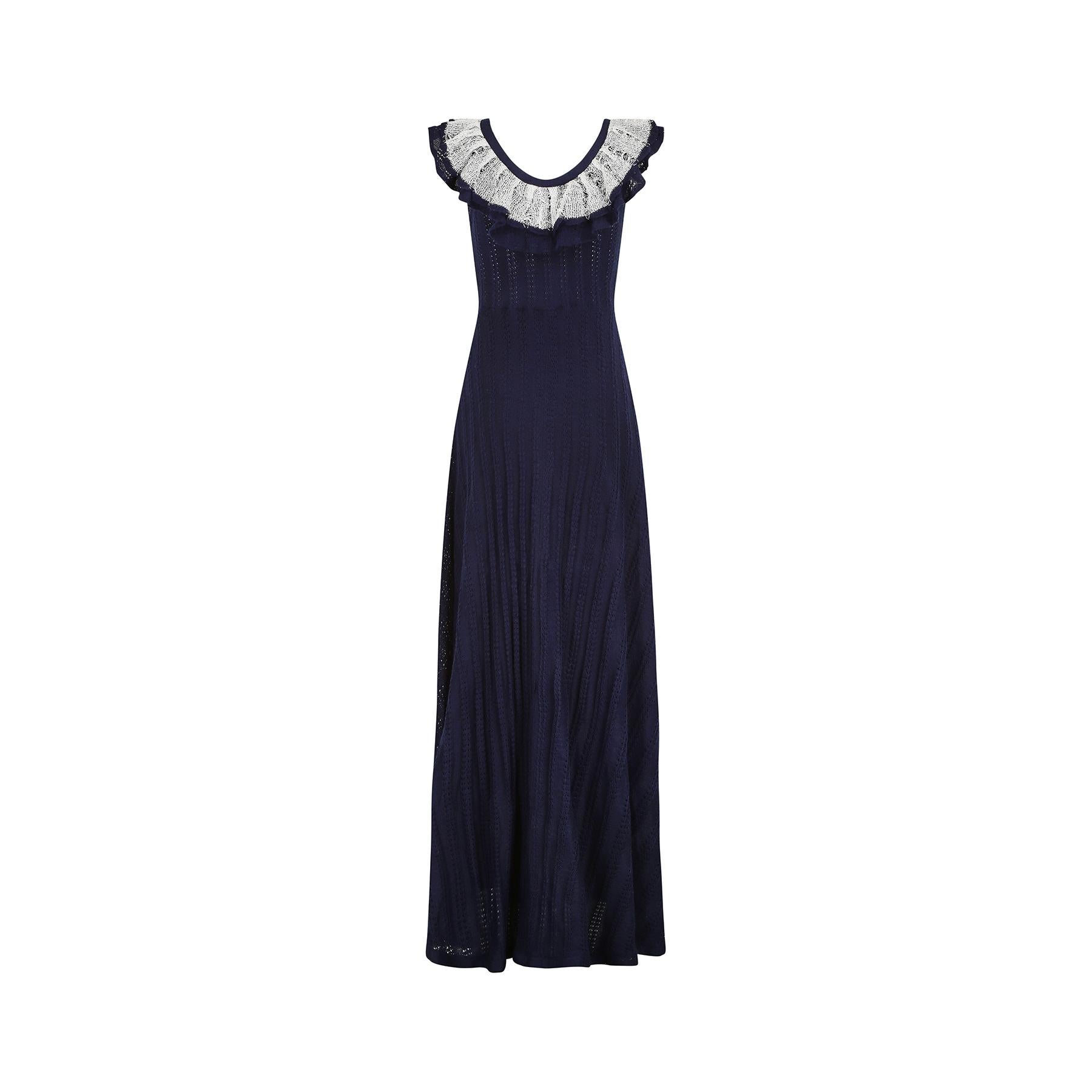 Black 1970s Doree Leventhal Navy and White Knitted Maxi Dress