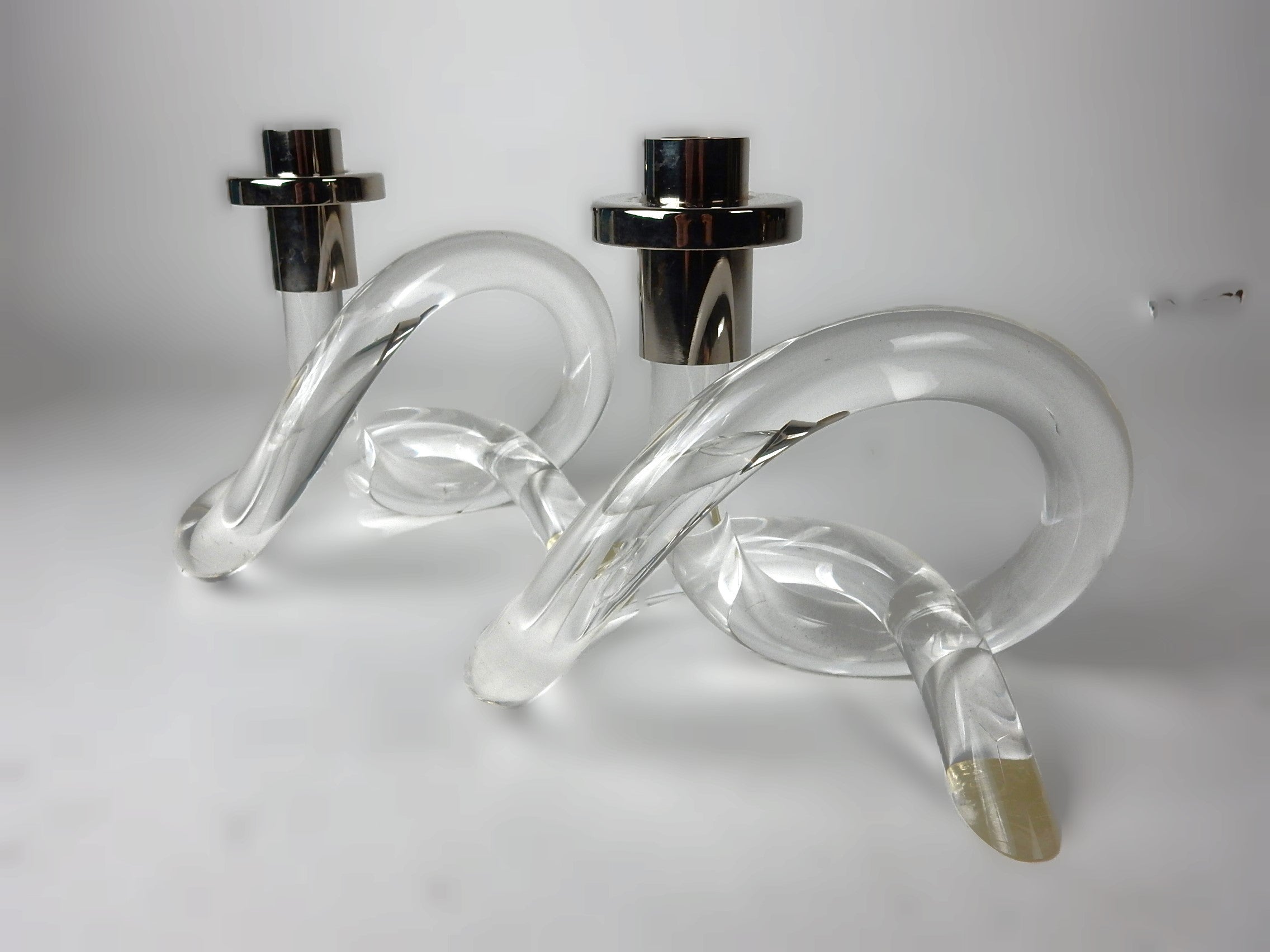 Mid-Century Modern 1970's Dorothy Thorpe Lucite & Chrome Pretzel Candle Holders Pair For Sale