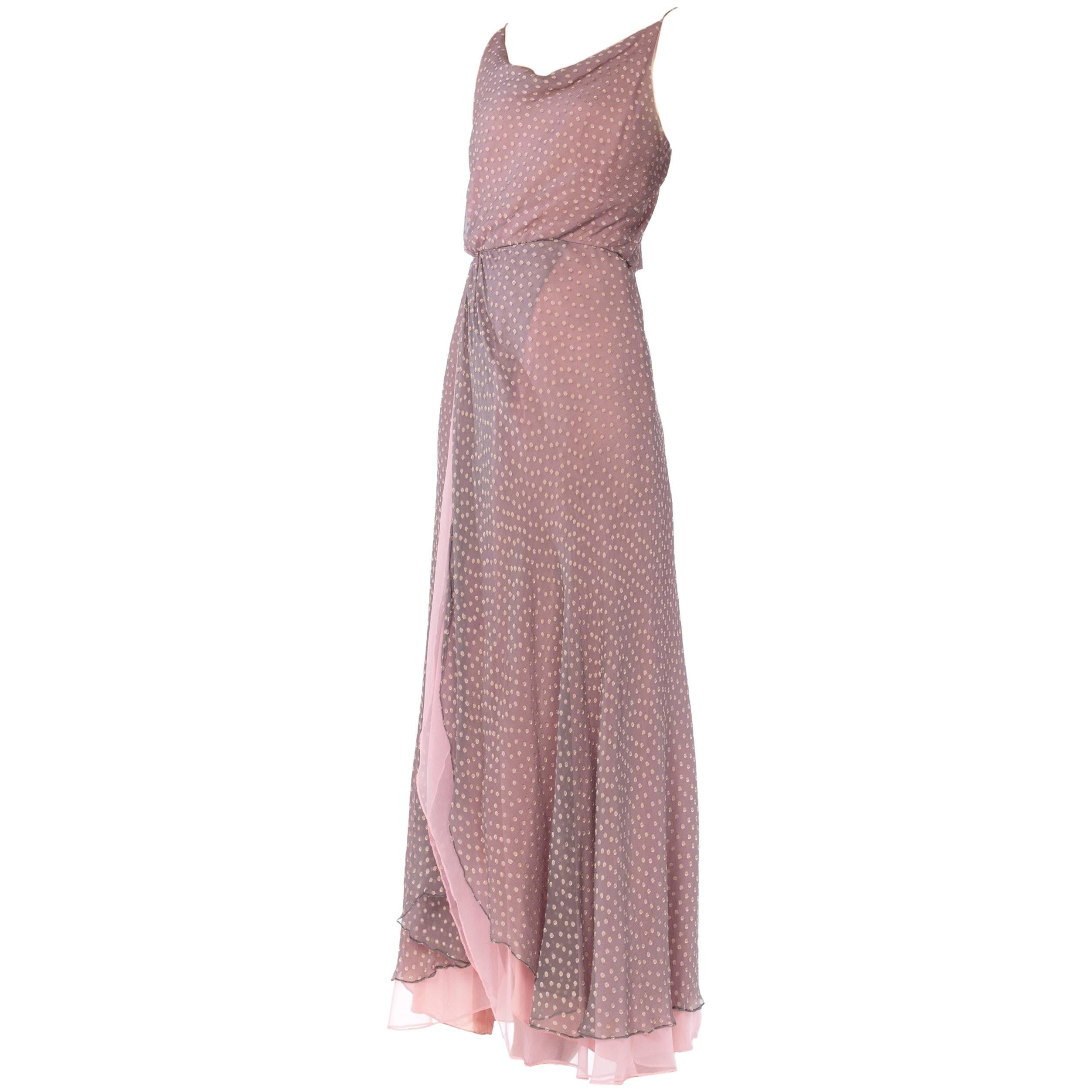 1970S Dove Grey 
Pink Silk Chiffon Spaghetti Strap Cowl Neck Evening Gown