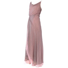 1970S Dove Grey 
Pink Silk Chiffon Spaghetti Strap Cowl Neck Evening Gown