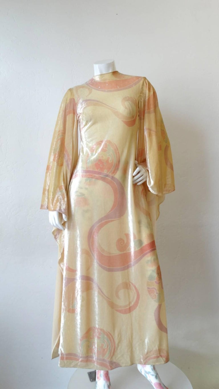 1970s Dramatic Angel Wing Sleeve Velvet Dress at 1stDibs