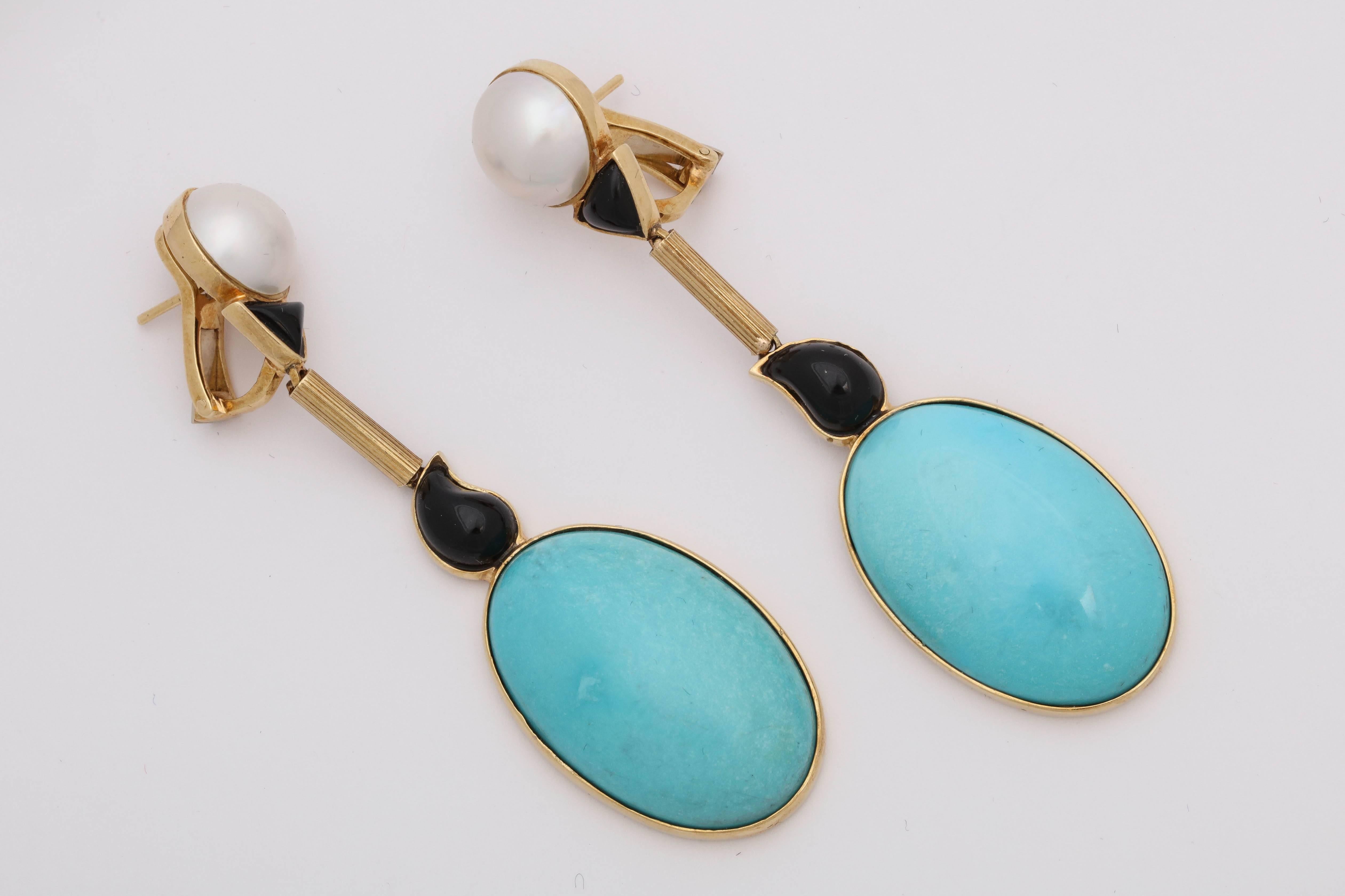 Oval Cut 1970s Dramatic Long Turquoise, Onyx with Mabe Pearls Gold Pendant Drop Earrings