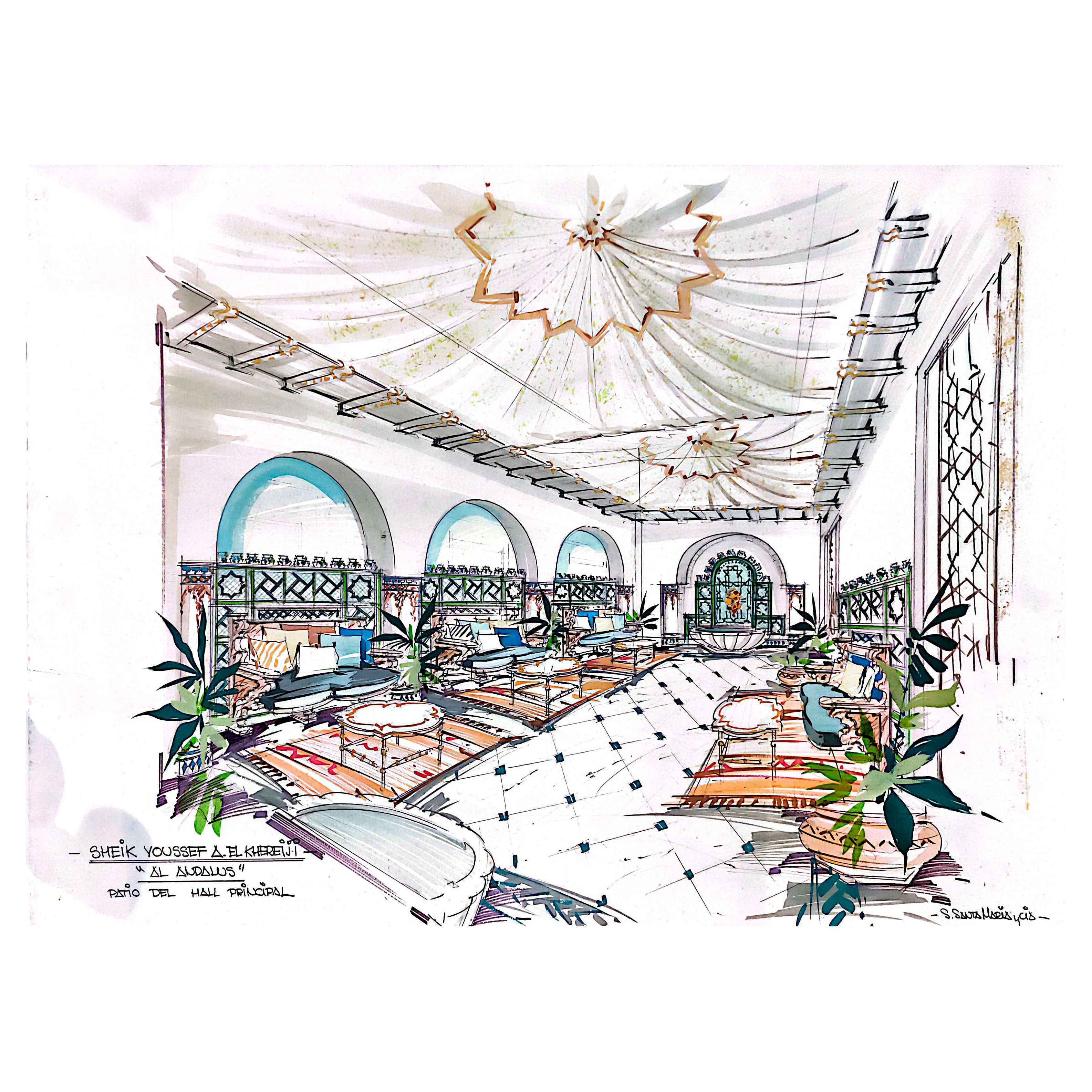 1970s Drawing of the Main Courtyard “Al Andalus” for Sheikh Youssef A. El Kherei