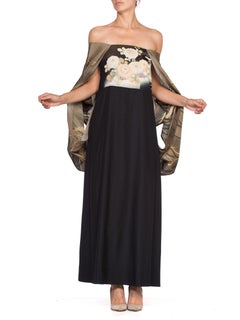 1970'S Black Polyester Dress With Hand Painted Japanese Kimono Sleeves