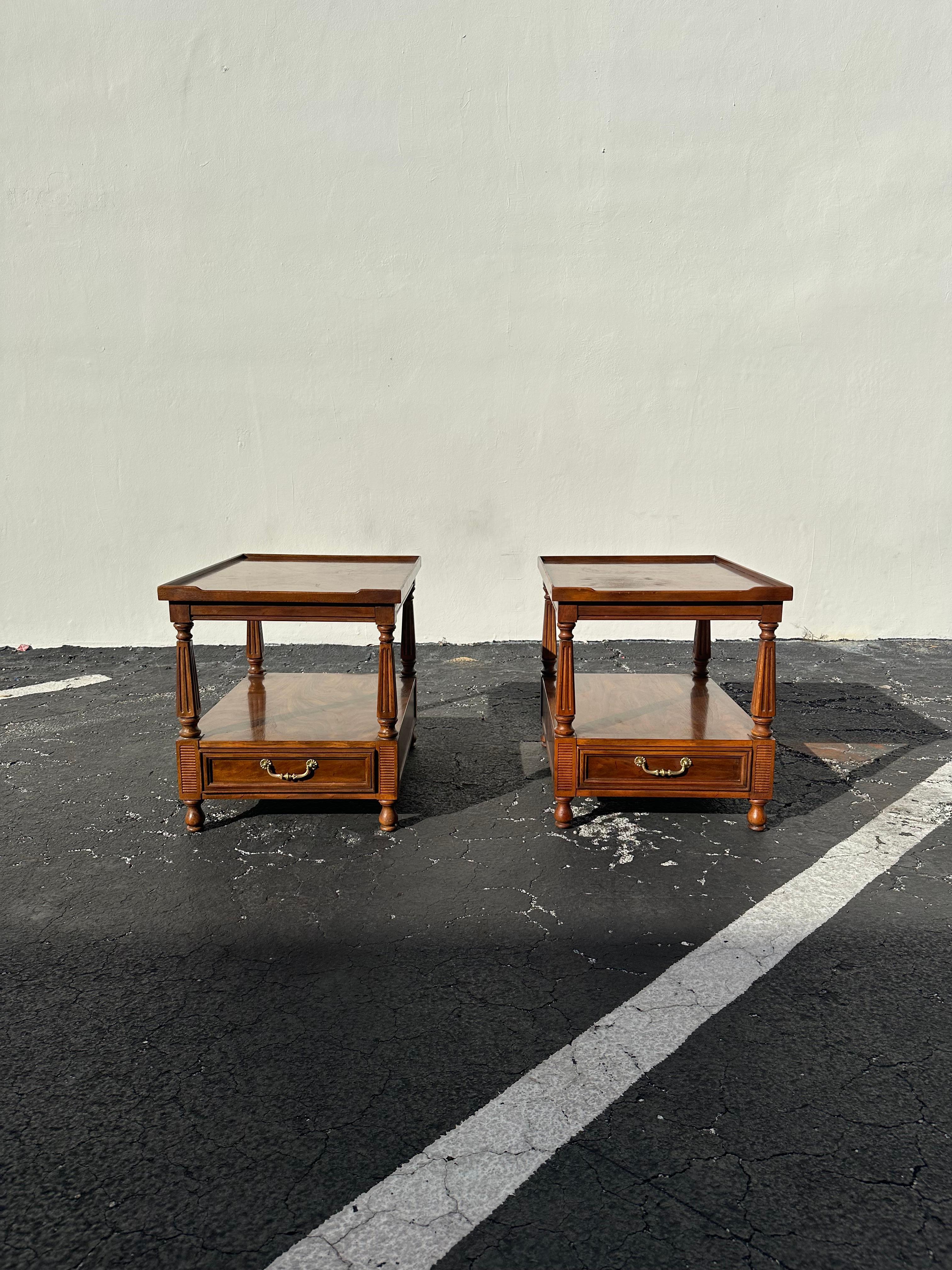 American 1970s Drexel Double Tier One Drawer Nightstands or End Tables For Sale