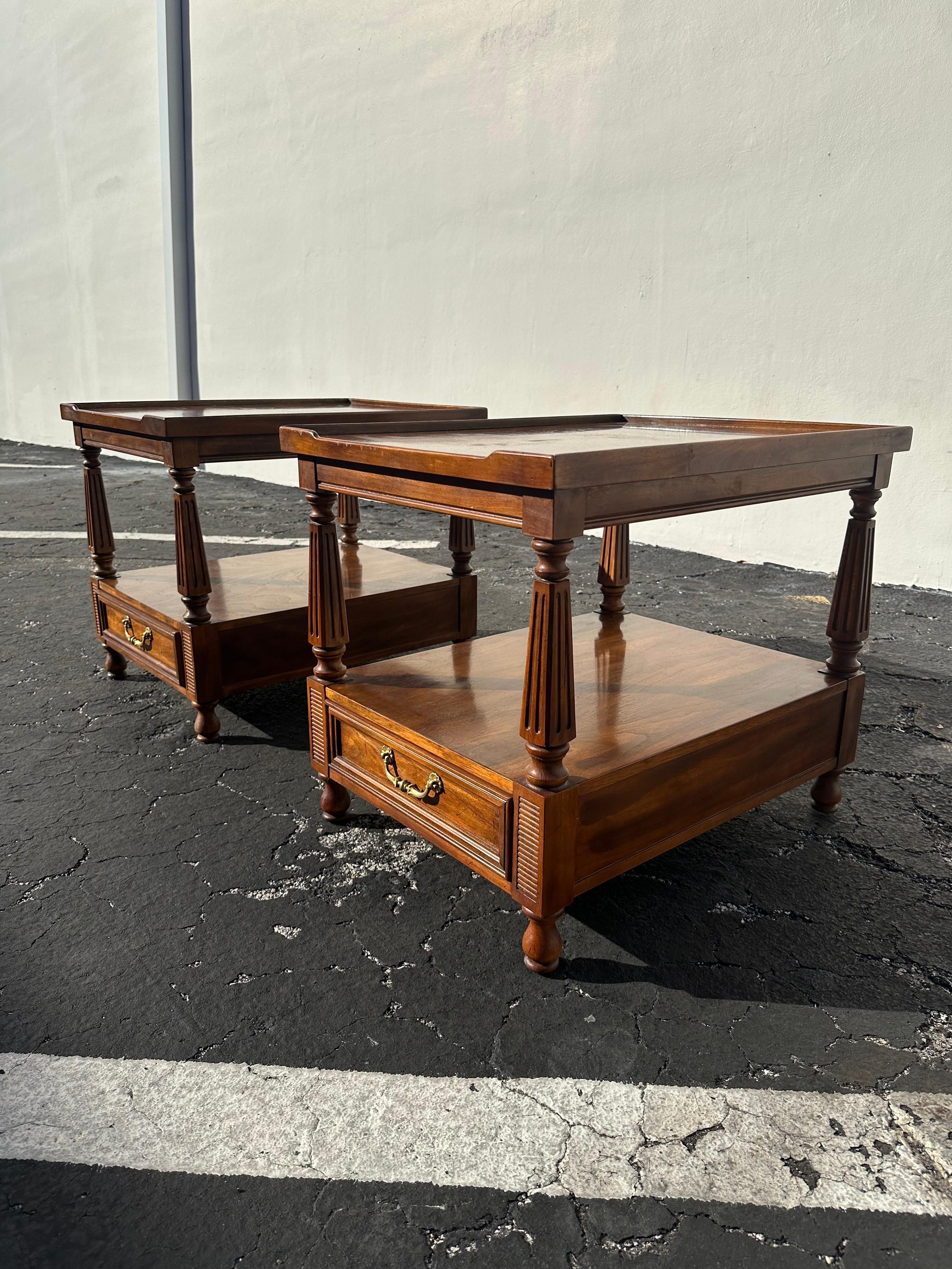 Brass 1970s Drexel Double Tier One Drawer Nightstands or End Tables For Sale