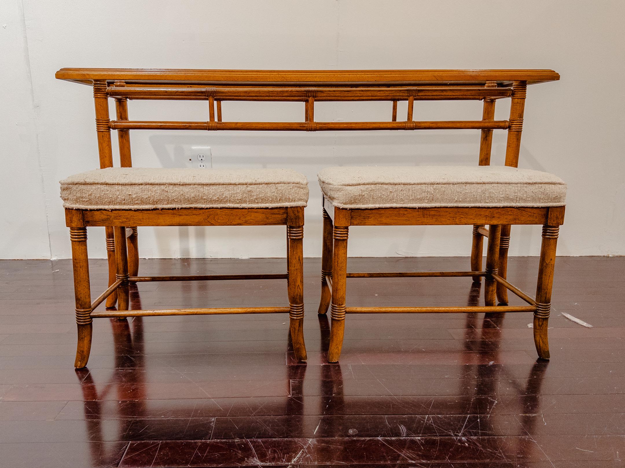 Mid-Century Modern 1970's Drexel Faux Bamboo Console Table with Matching Ottomans For Sale