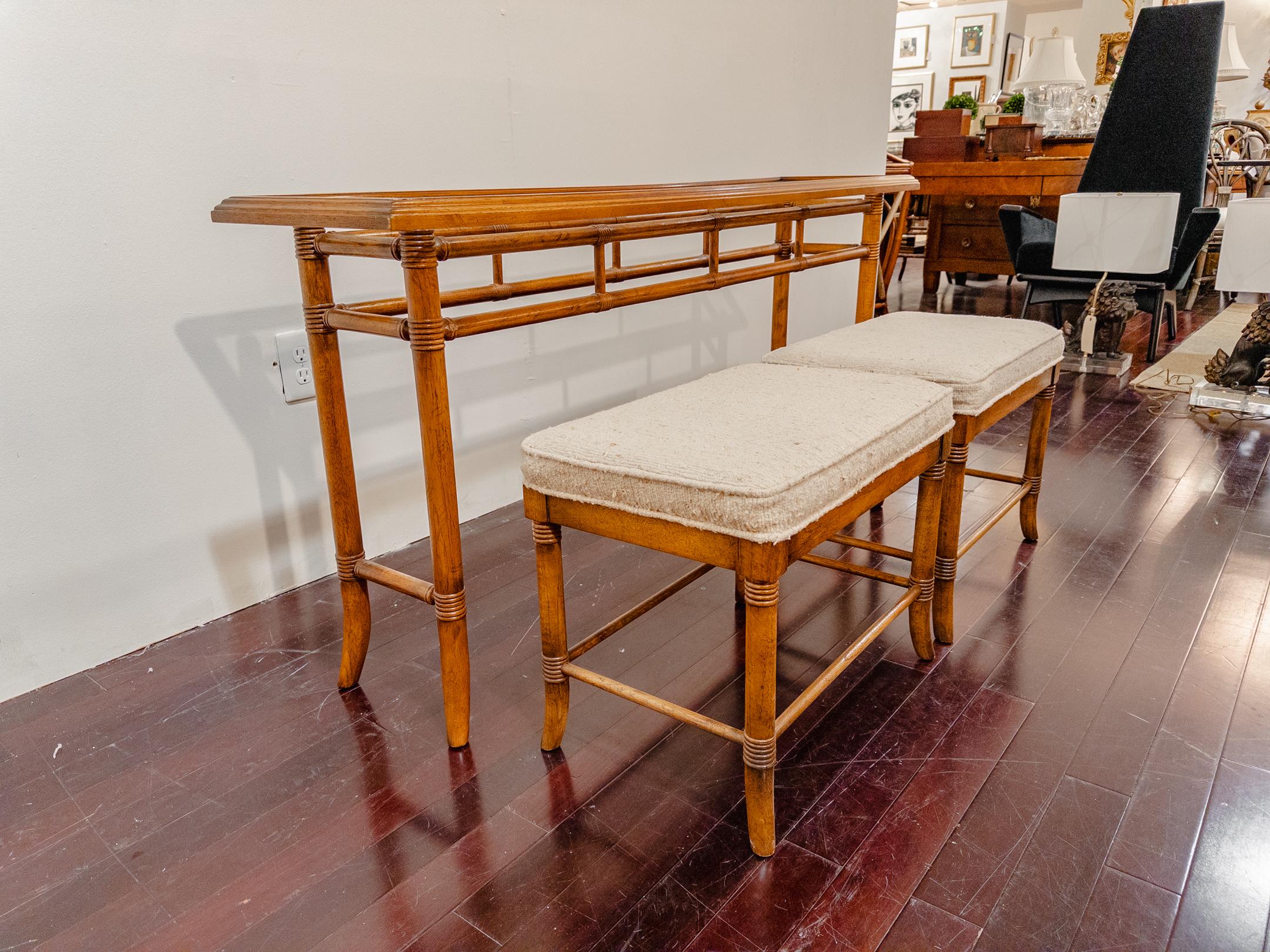 American 1970's Drexel Faux Bamboo Console Table with Matching Ottomans For Sale