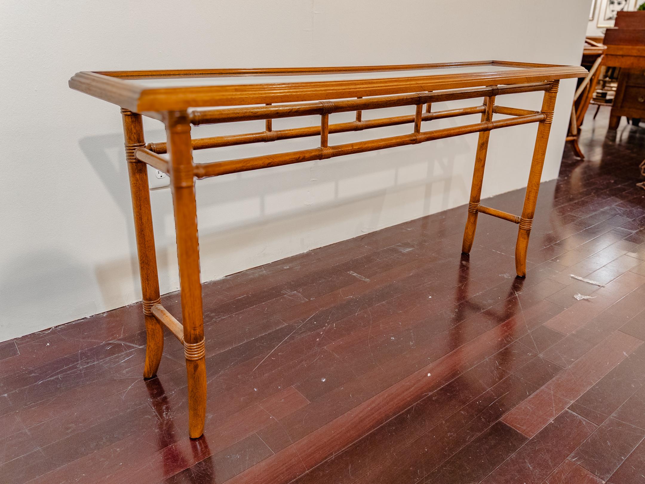 1970's Drexel Faux Bamboo Console Table with Matching Ottomans In Good Condition For Sale In Houston, TX