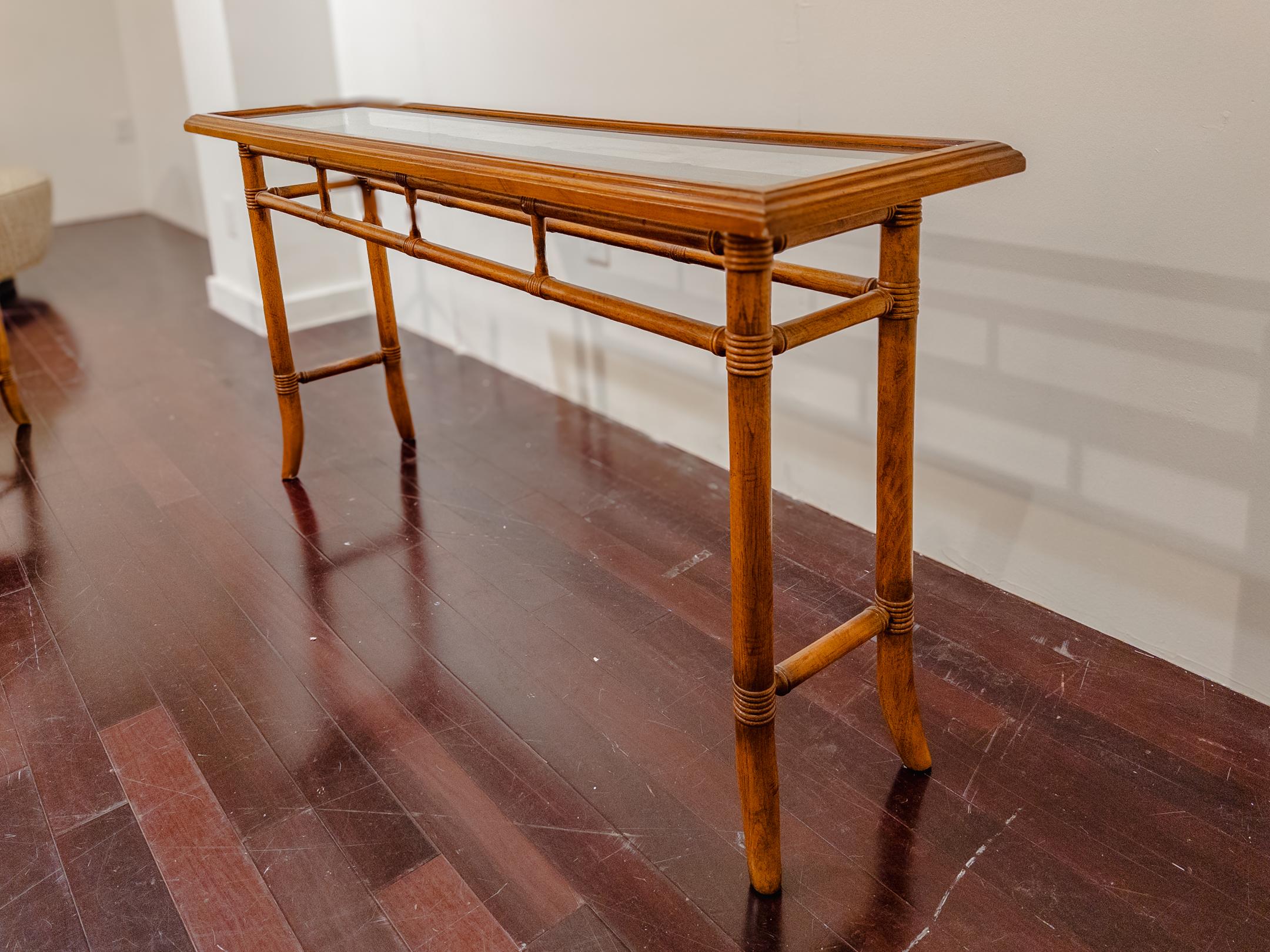 Late 20th Century 1970's Drexel Faux Bamboo Console Table with Matching Ottomans For Sale