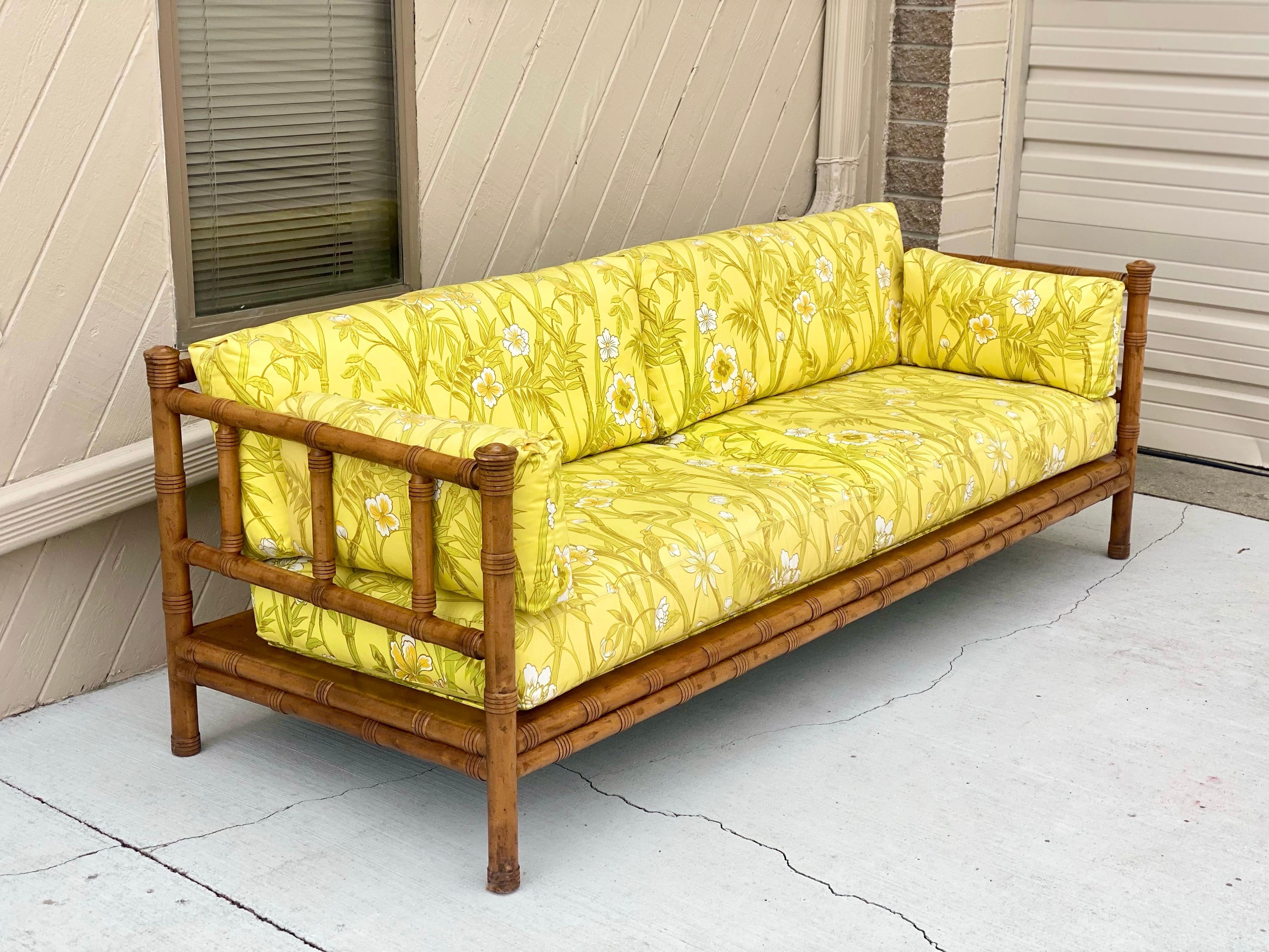 1970s Drexel Heritage Chinoiserie bamboo sofa 
We are very pleased to offer a beautiful, Chinoiserie style sofa by Drexel Heritage, circa the 1970s. Showcasing an oversized bamboo style frame and plush cushions, this piece is super comfortable yet
