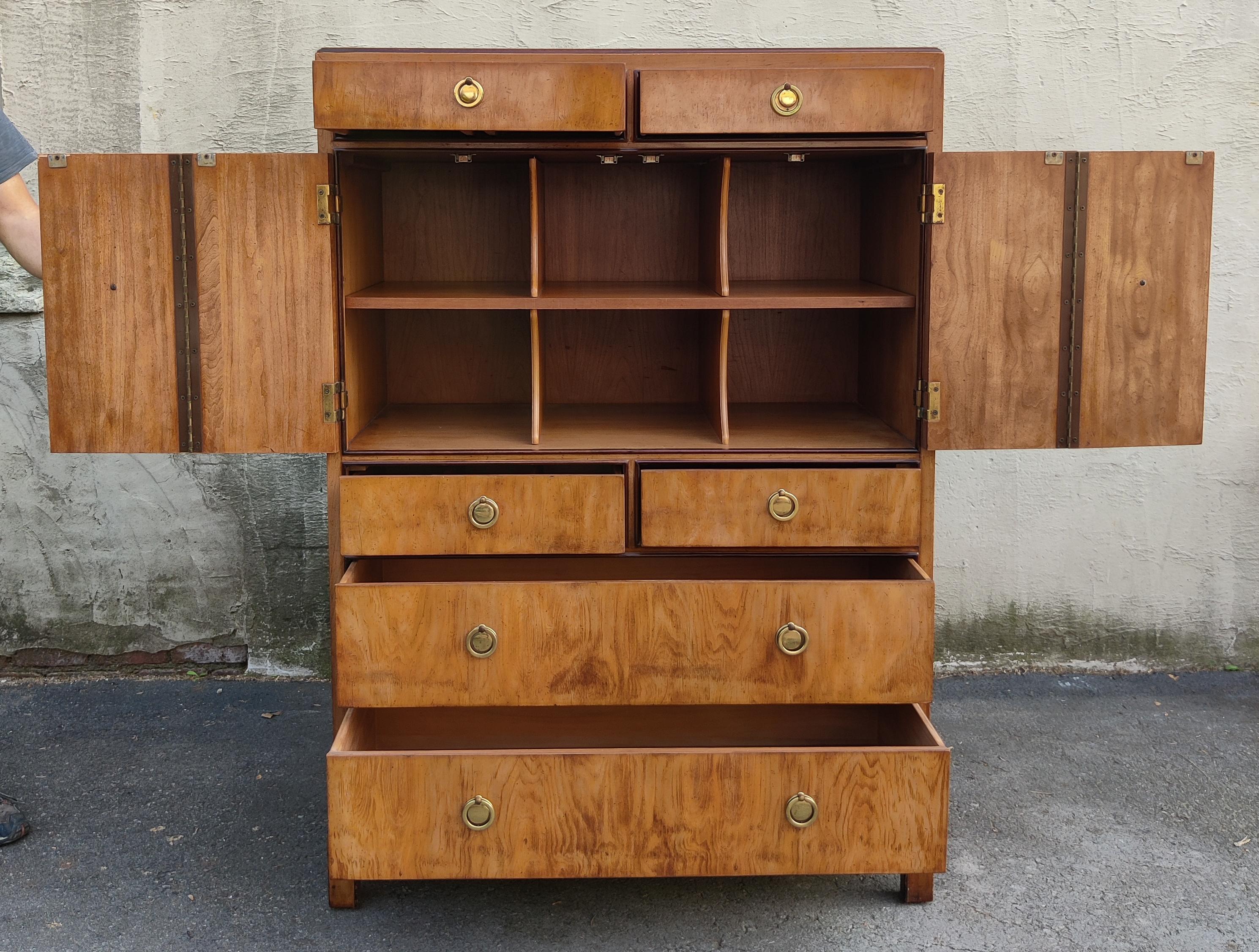 1970s Drexel Heritage Hollywood Regency Burlwood & Brass 6 Drawer Tall Dresser In Good Condition In Philadelphia, PA