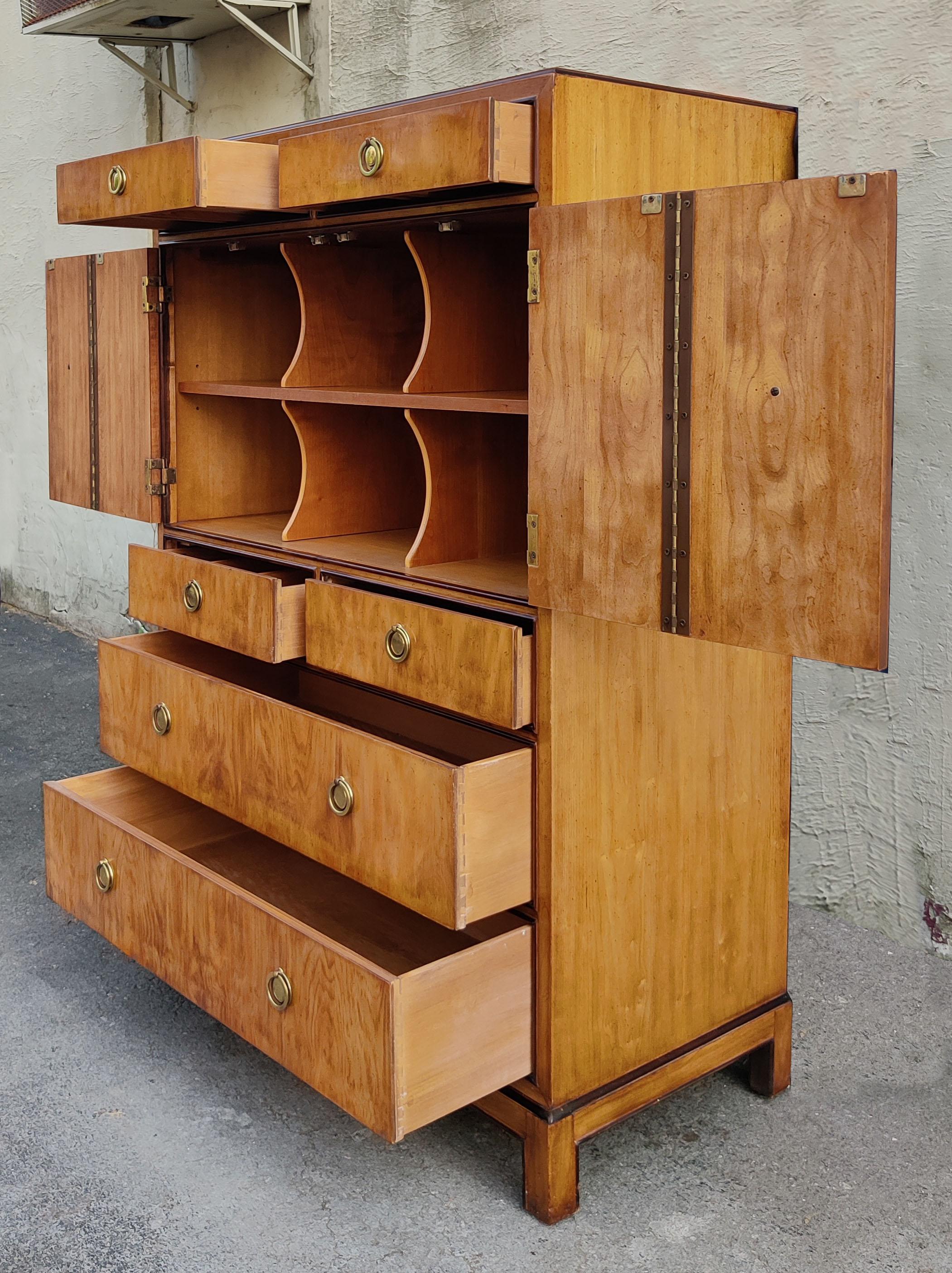 Late 20th Century 1970s Drexel Heritage Hollywood Regency Burlwood & Brass 6 Drawer Tall Dresser