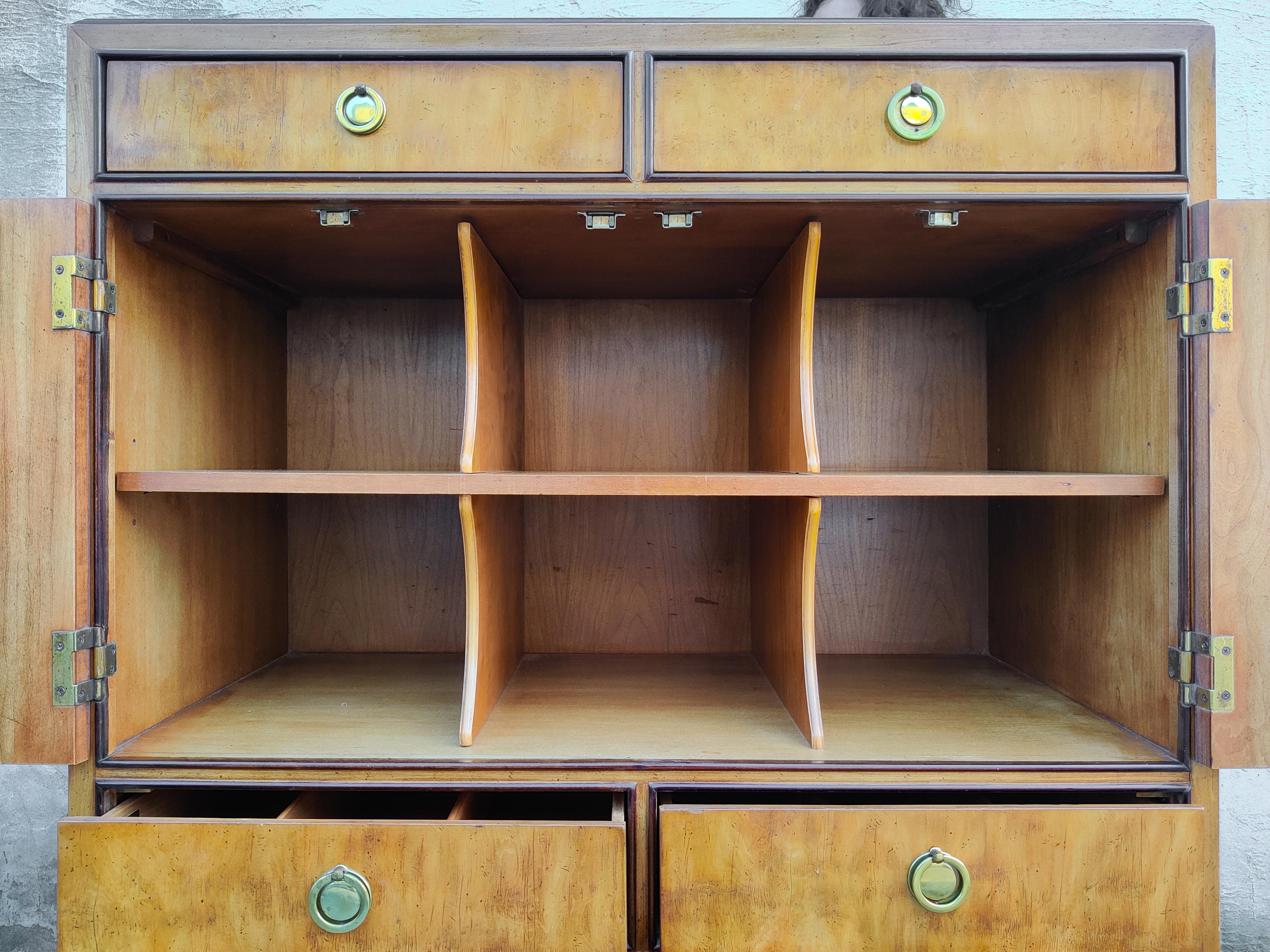 1970s Drexel Heritage Hollywood Regency Burlwood & Brass 6 Drawer Tall Dresser 1