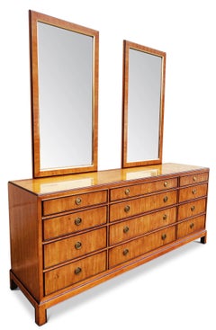1970s Drexel Heritage Hollywood Regency Burlwood & Brass 9 Drawer Dresser Mirror