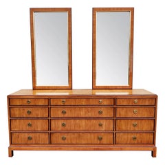 Vintage 1970s Drexel Heritage Hollywood Regency Burlwood & Brass 9 Drawer Dresser Mirror