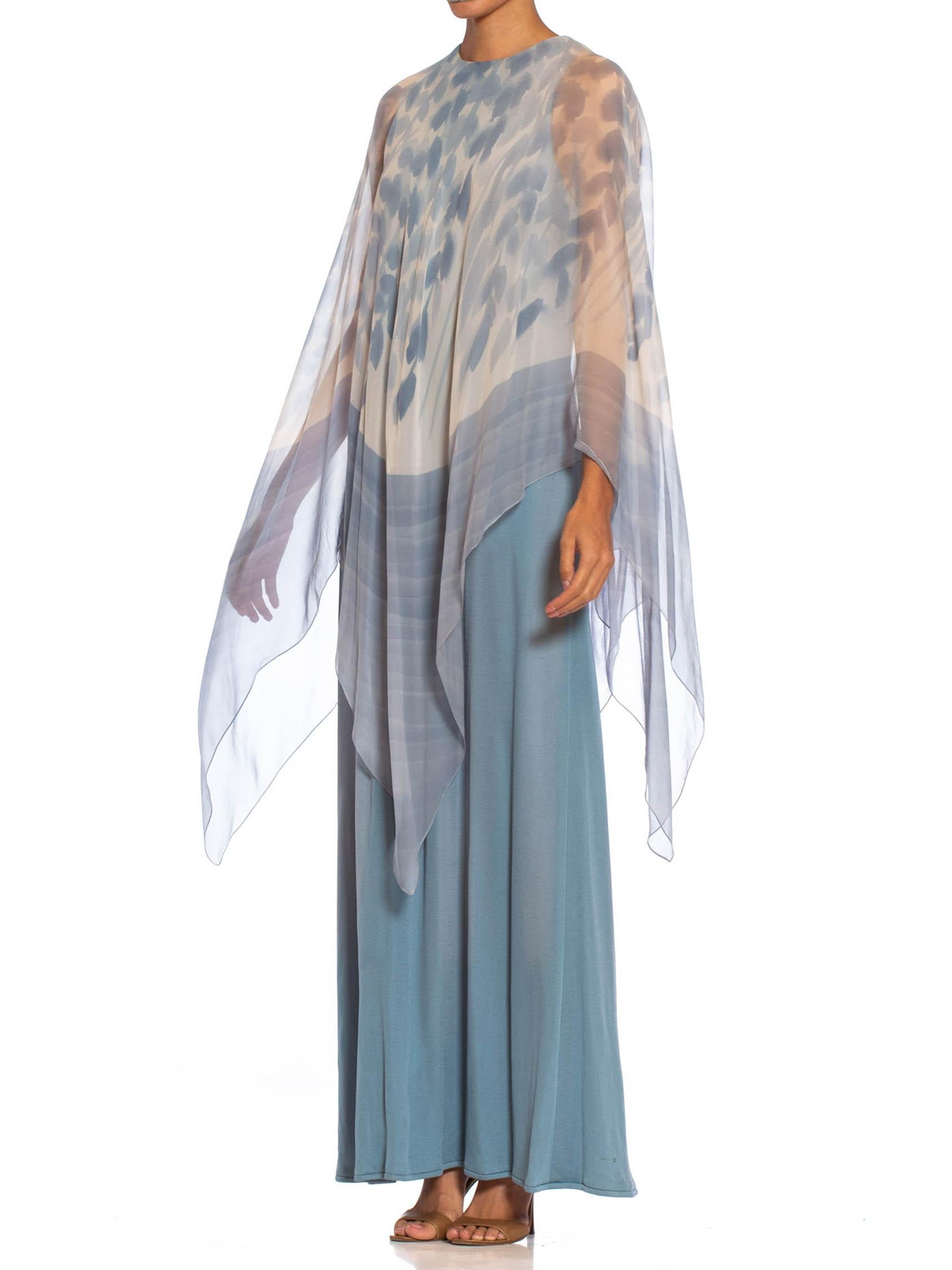 1970S Dusty Blue Ombré Rayon Jersey Gown With Hand Painted Silk Chiffon Cape 4