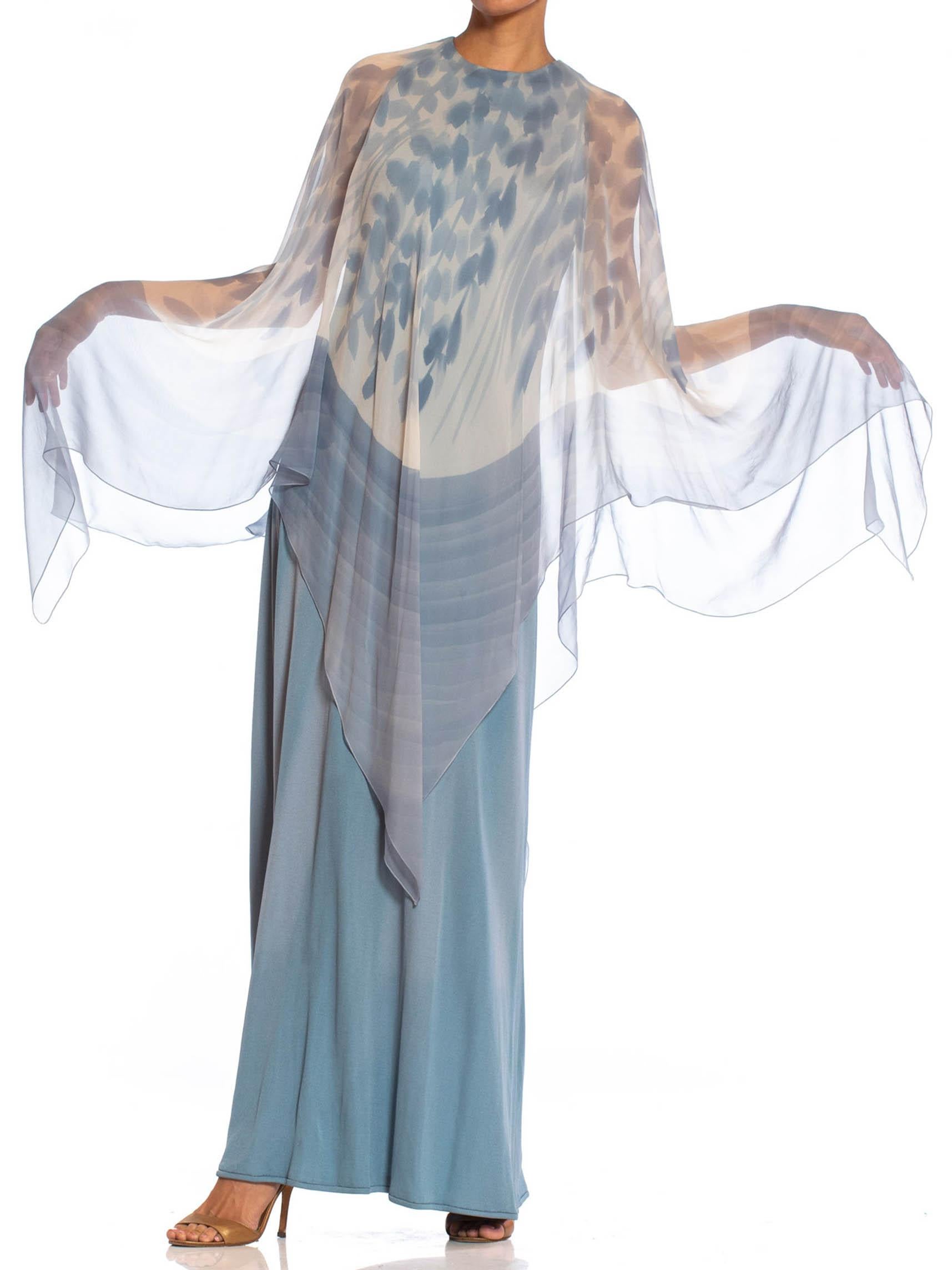 Gray 1970S Dusty Blue Ombré Rayon Jersey Gown With Hand Painted Silk Chiffon Cape