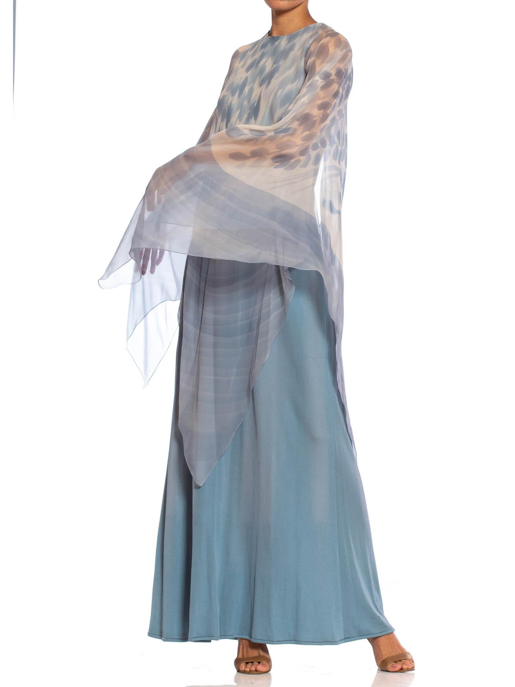 1970S Dusty Blue Ombré Rayon Jersey Gown With Hand Painted Silk Chiffon Cape In Excellent Condition In New York, NY