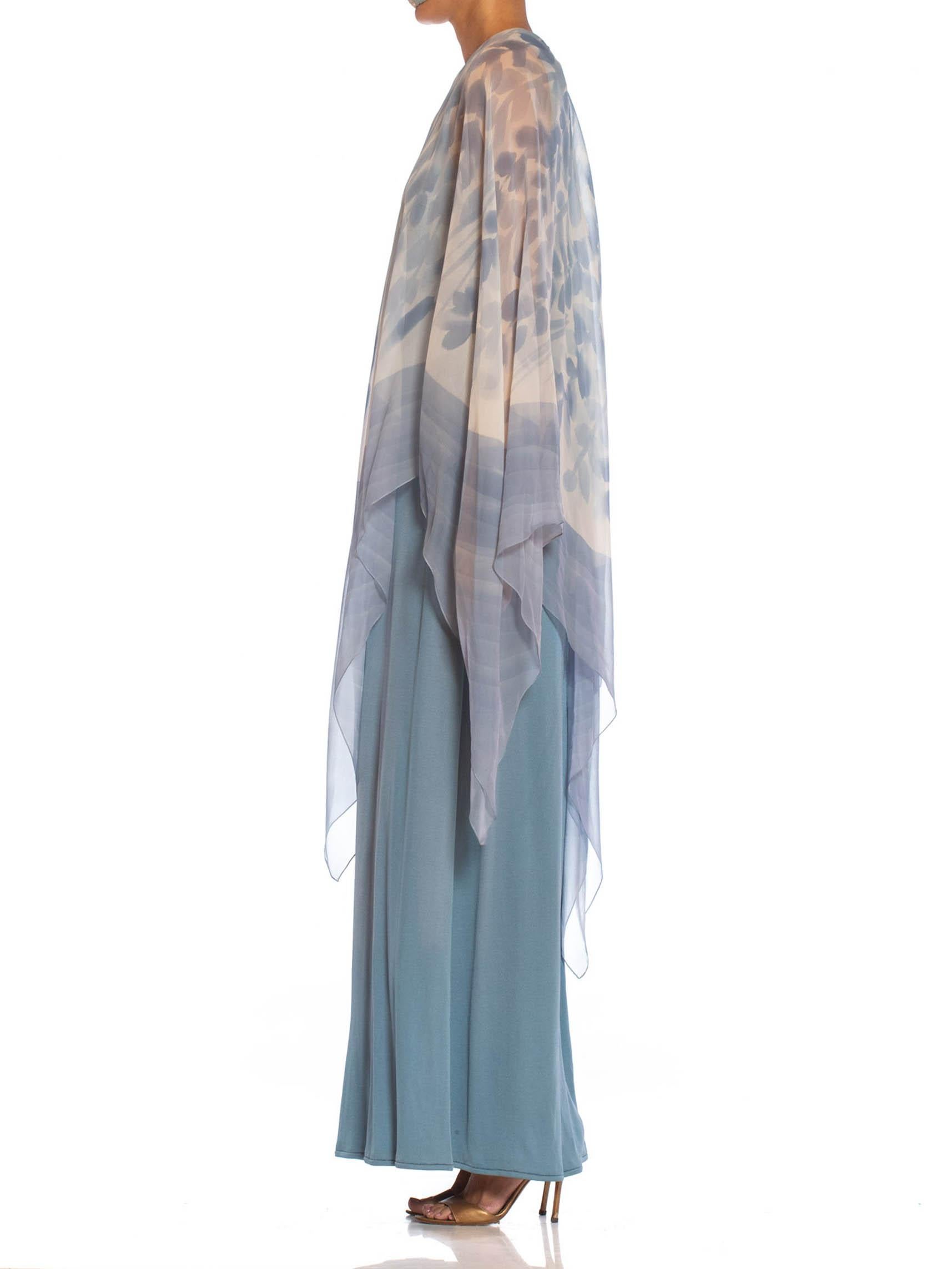 Women's 1970S Dusty Blue Ombré Rayon Jersey Gown With Hand Painted Silk Chiffon Cape