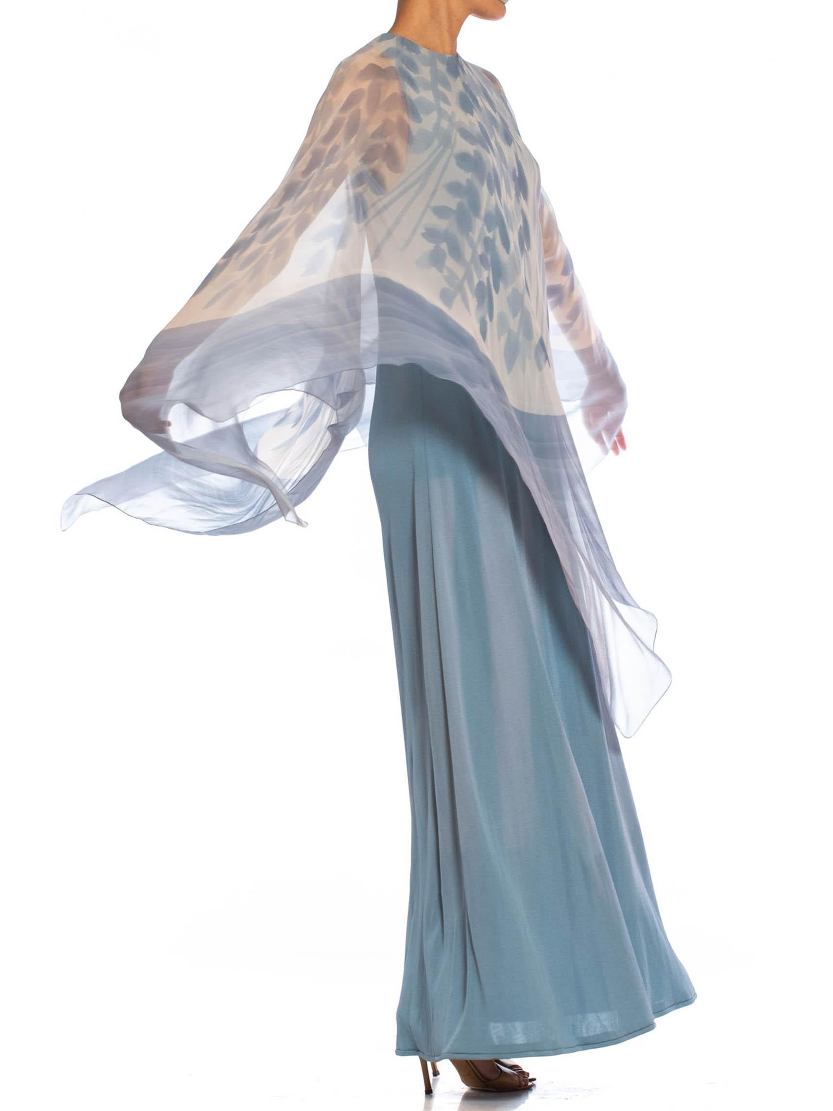 1970S Dusty Blue Ombré Rayon Jersey Gown With Hand Painted Silk Chiffon Cape 1