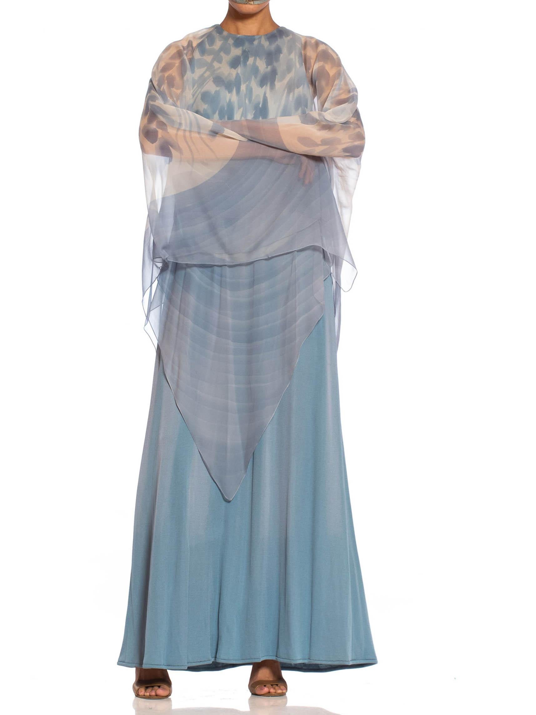 1970S Dusty Blue Ombré Rayon Jersey Gown With Hand Painted Silk Chiffon Cape 2