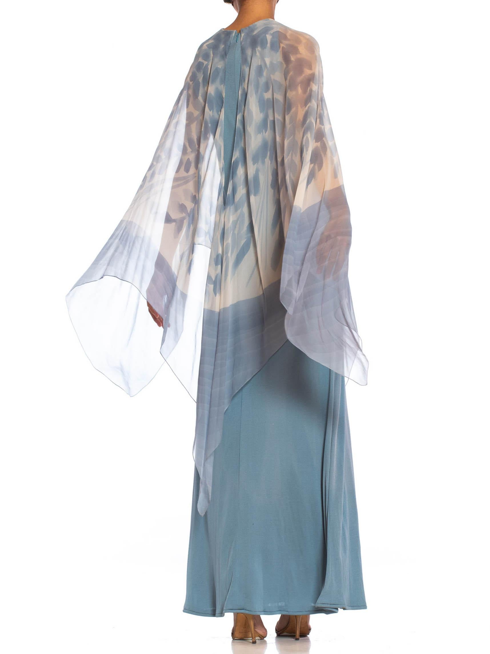 1970S Dusty Blue Ombré Rayon Jersey Gown With Hand Painted Silk Chiffon Cape 3